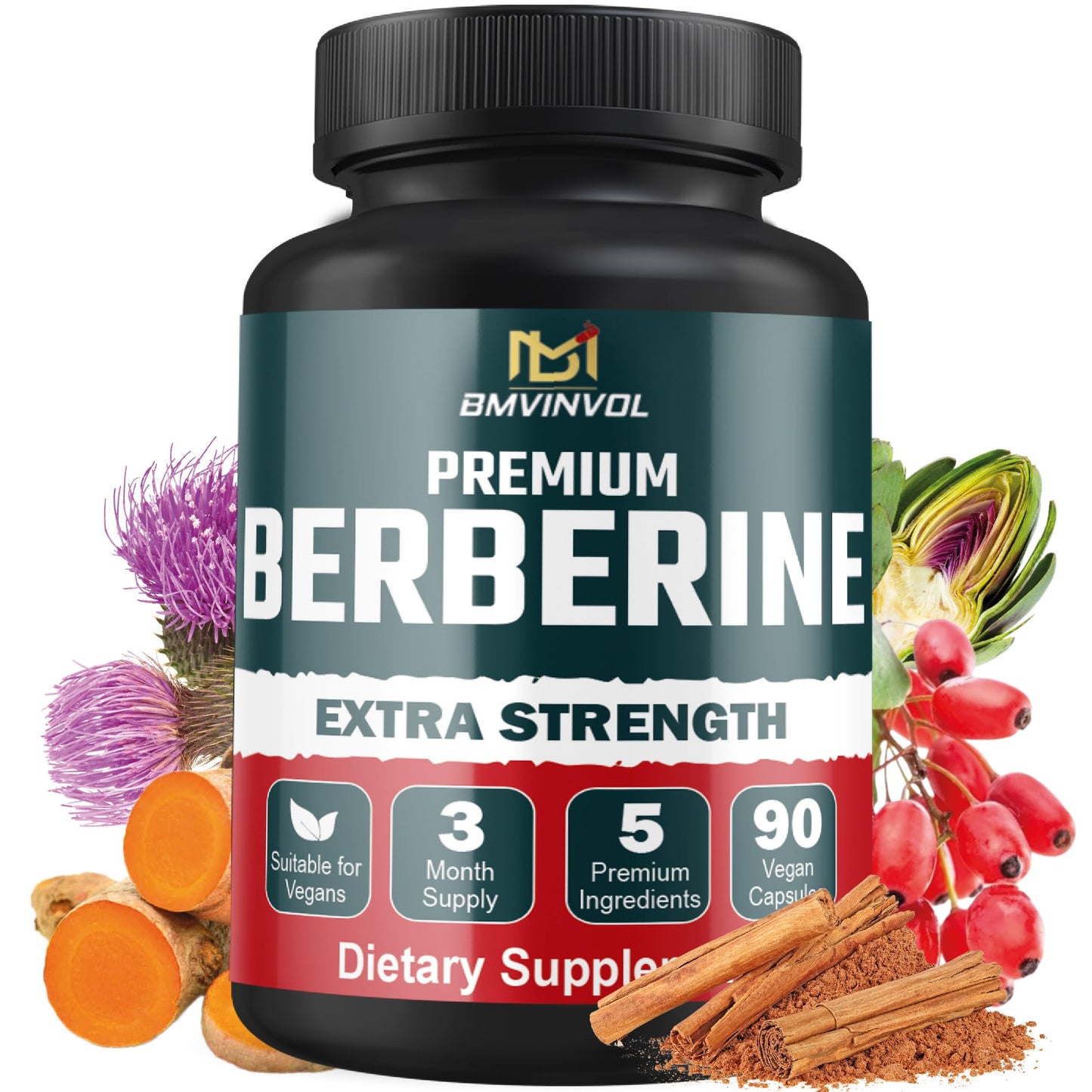 BMVINVOL 5-in-1 Berberine HCl with Ceylon Cinnamon, Milk Thistle, Turmeric, Artichoke, 90 Capsules
