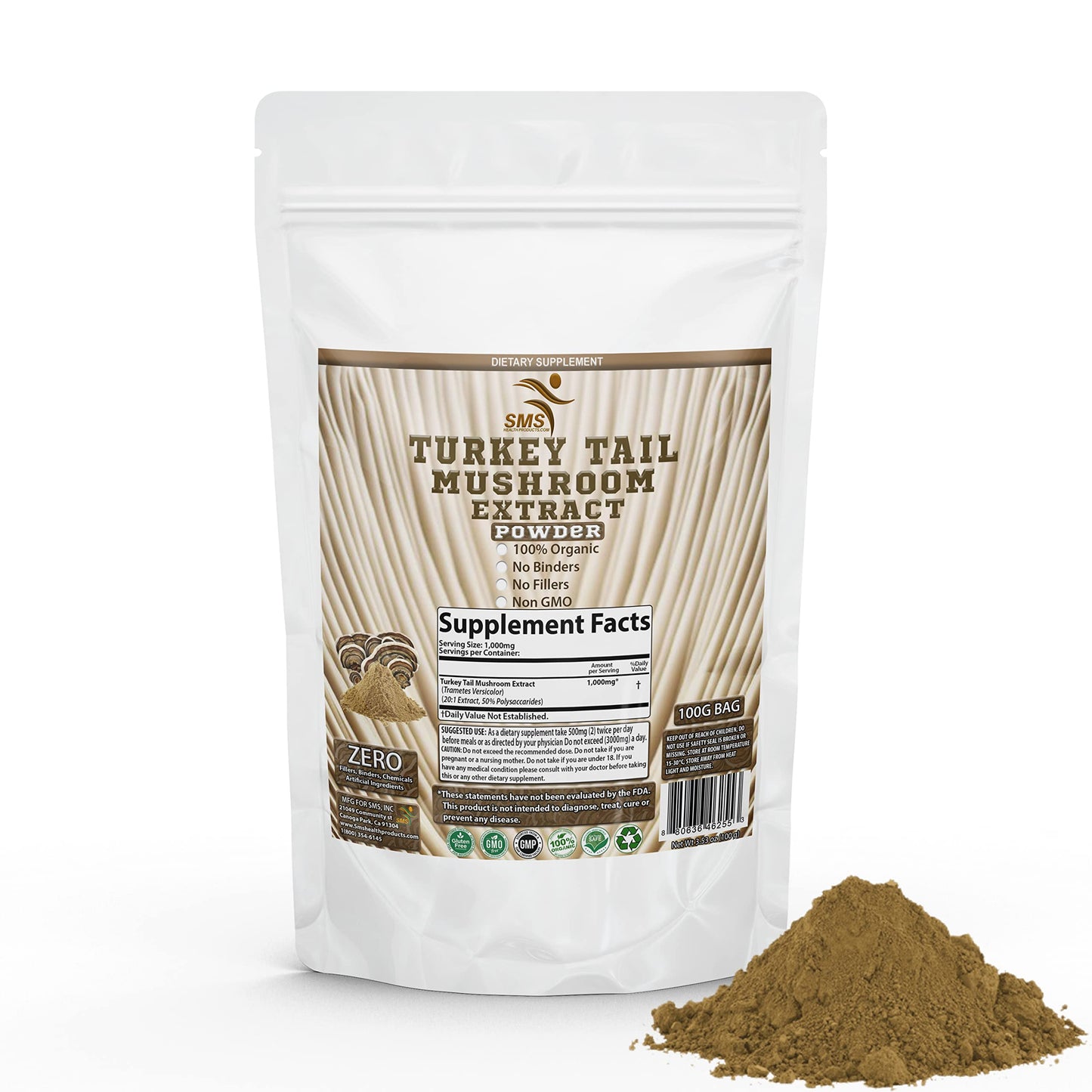 SMSHEALTHPRODUCTS.com Turkey Tail Extract Powder - 50% Poly - 20:1, 100G, Powder, 3.5274