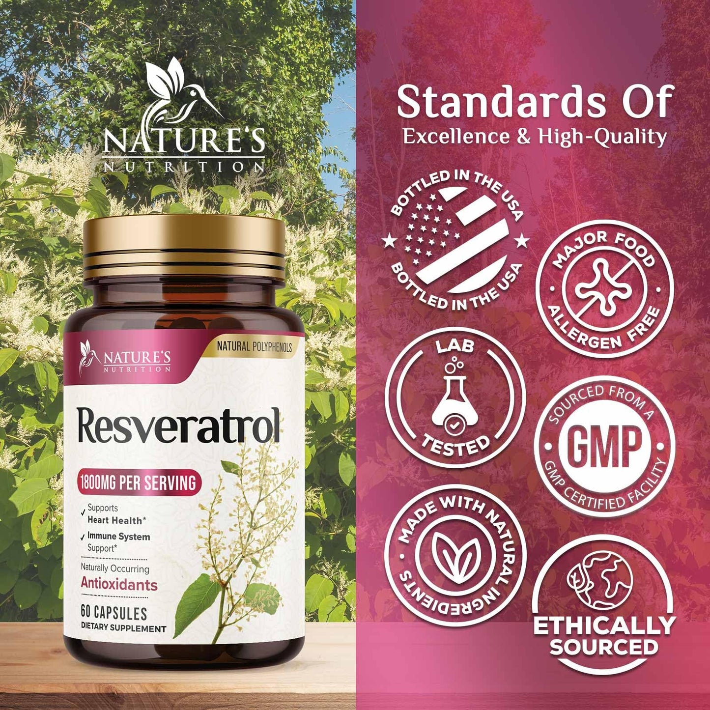 Nature's Nutrition Resveratrol Supplement - 1800mg Per Serving Extra Strength Resveratrol Blend Capsule, 60 Capsules