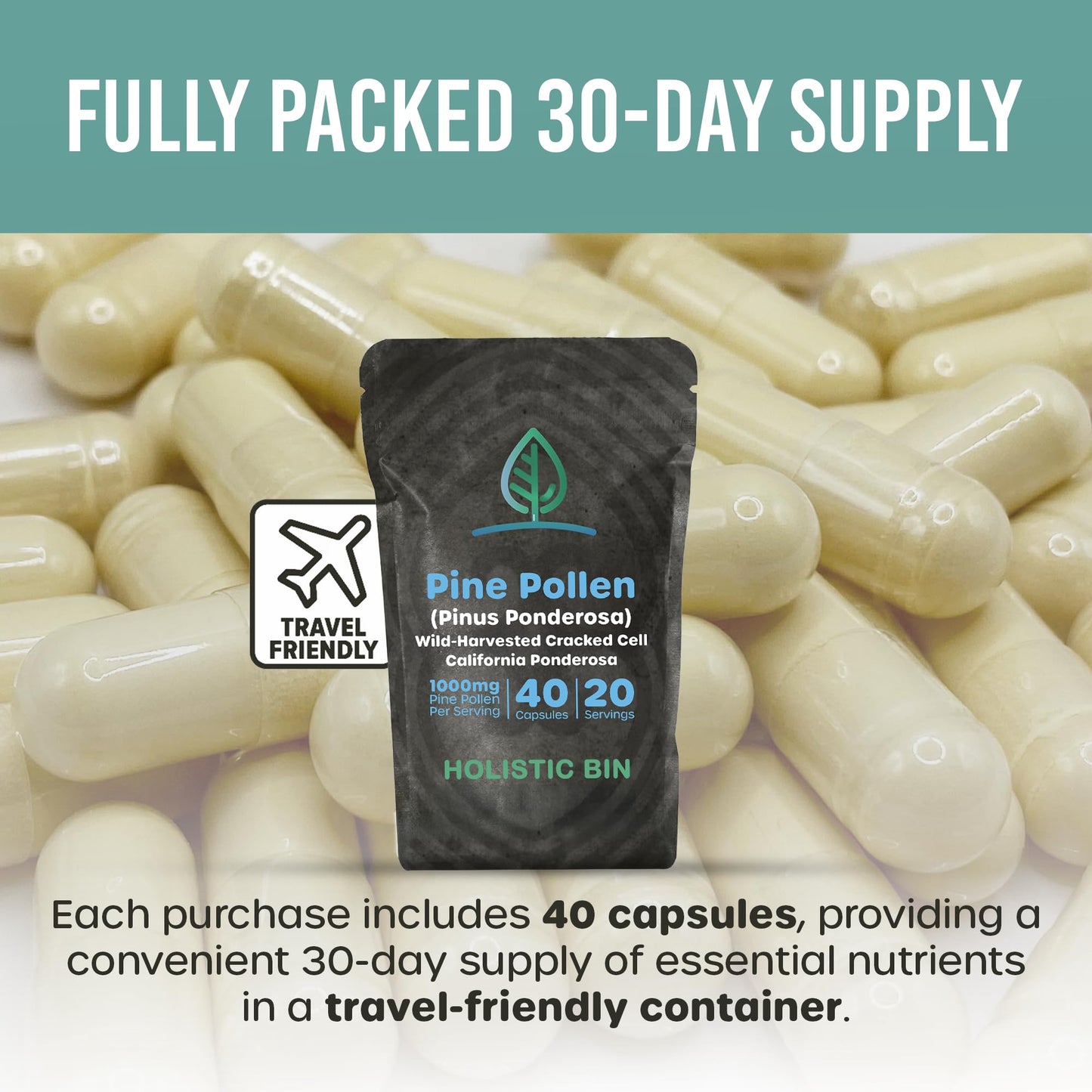 Holistic Bin Pine Pollen Capsules 500mg (Pinus Ponderosa) - Wild Harvested California Ponderosa Pine Pollen Powder - Olympic Grade - Organic, Non-GMO, No Fillers - 40 Capsules