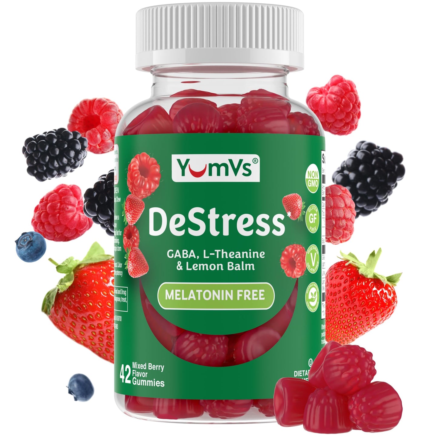 YUM-V'S De-Stress Gummies with GABA, L-Theanine and Lemon Balm - Mixed Berry Flavor - Calming Gummies for Adults and Teens - Gluten Free Non-GMO Vegetarian Mood Support Relax Supplement, 42 Count