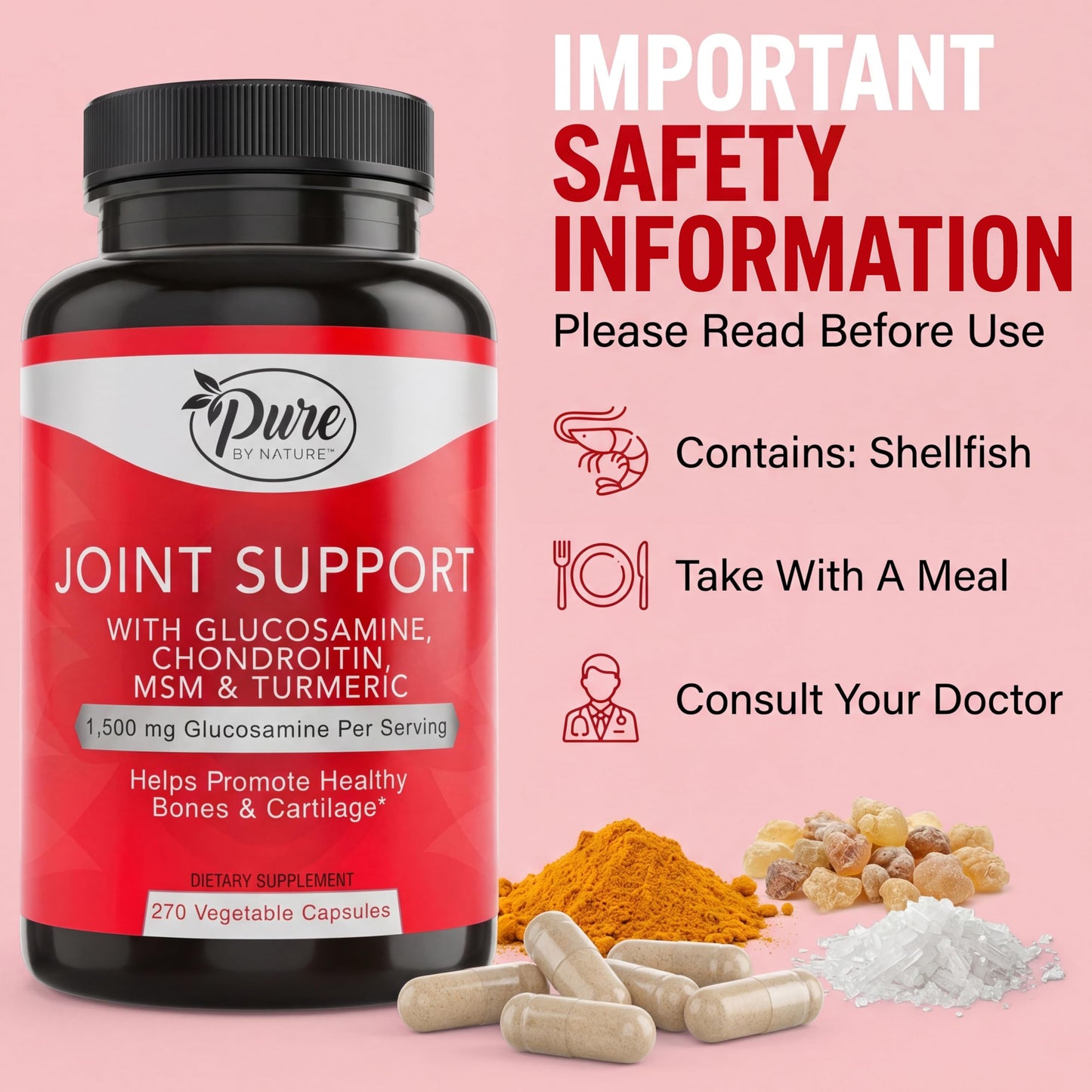 Pure By Nature Joint Support Glucosamine with Chondroitin Turmeric MSM Boswellia, 270 Capsules