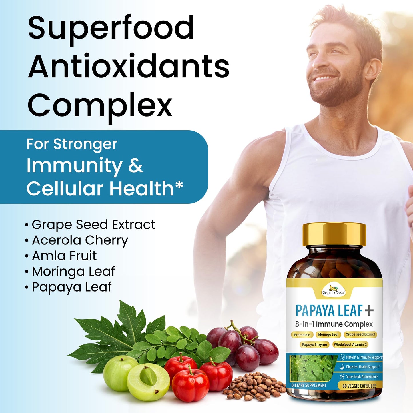 Organic Veda Papaya Leaf + Supplement - 8 in 1 Immune & Platelet Complex with Papain, Papaya Leaf Extract 800 mg, Bromelain, Vitamin C, Grape Seed & Moringa for Bone Marrow & Gut Health, 60 Capsules