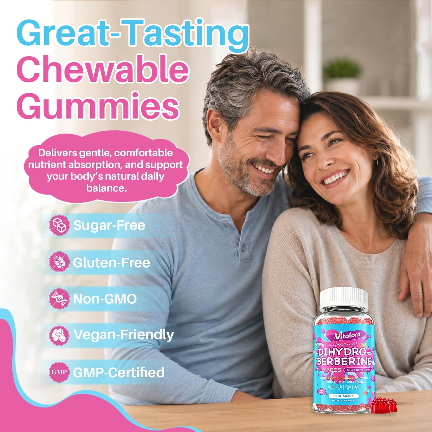 Vitalord Dihydroberberine Gummies 300mg with Organic Ceylon Cinnamon, 60 Count