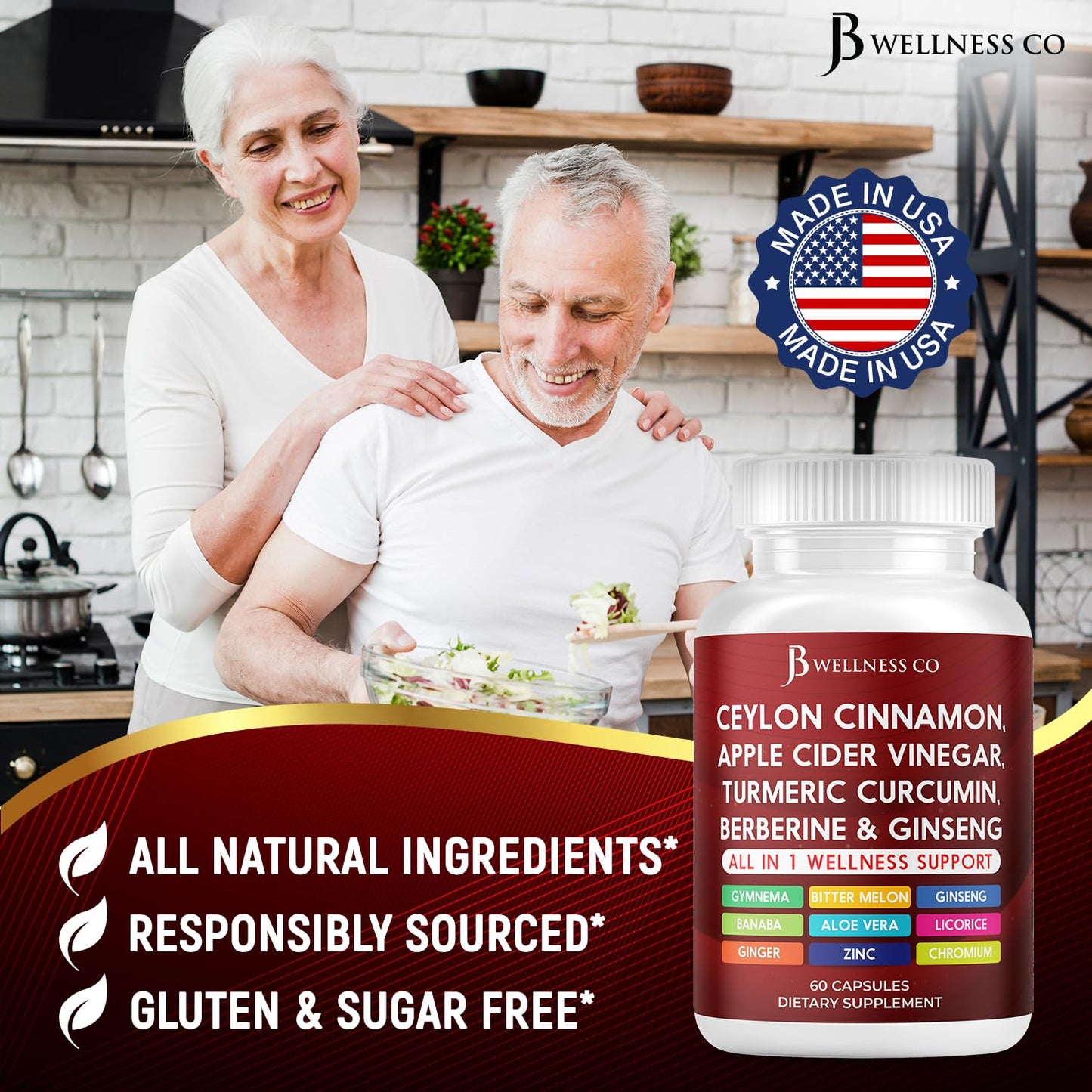 JB Wellness Co Ceylon Cinnamon Turmeric ACV Ginseng Aloe Vera Berberine Plus Banaba Ginger Root Capsules, 60 Count