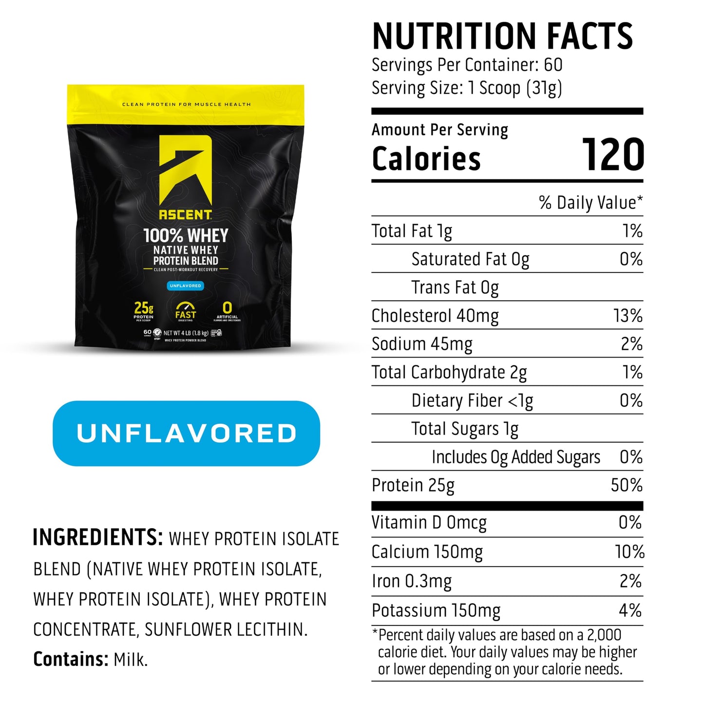 Ascent 100% Whey Protein Powder Unflavored, 63.4 Servings