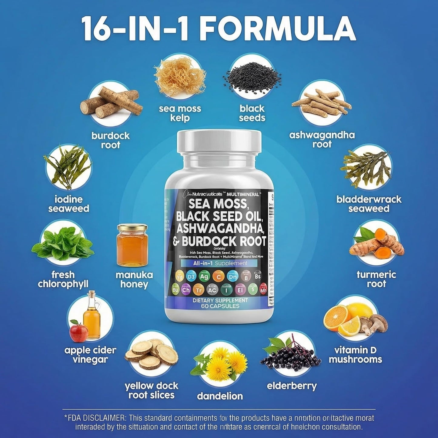 Clean Nutraceuticals Sea Moss Black Seed Oil Ashwagandha Turmeric Bladderwrack Burdock & Vitamin C Vitamin D3 with Elderberry Manuka Dandelion Yellow Dock Iodine Chlorophyll ACV Capsules 60 Count