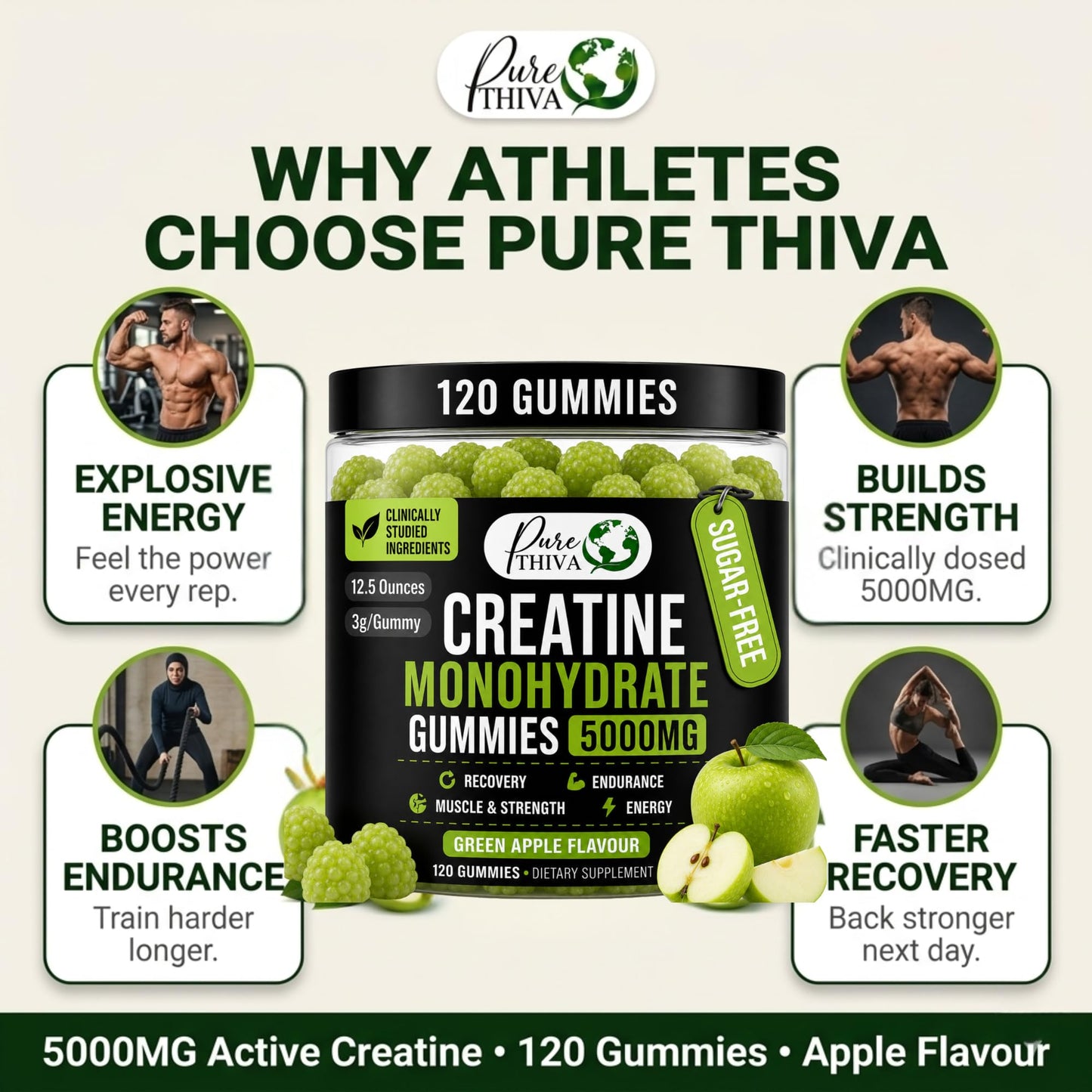 PureThiva Creatine Monohydrate Gummies 5000mg 120 Count