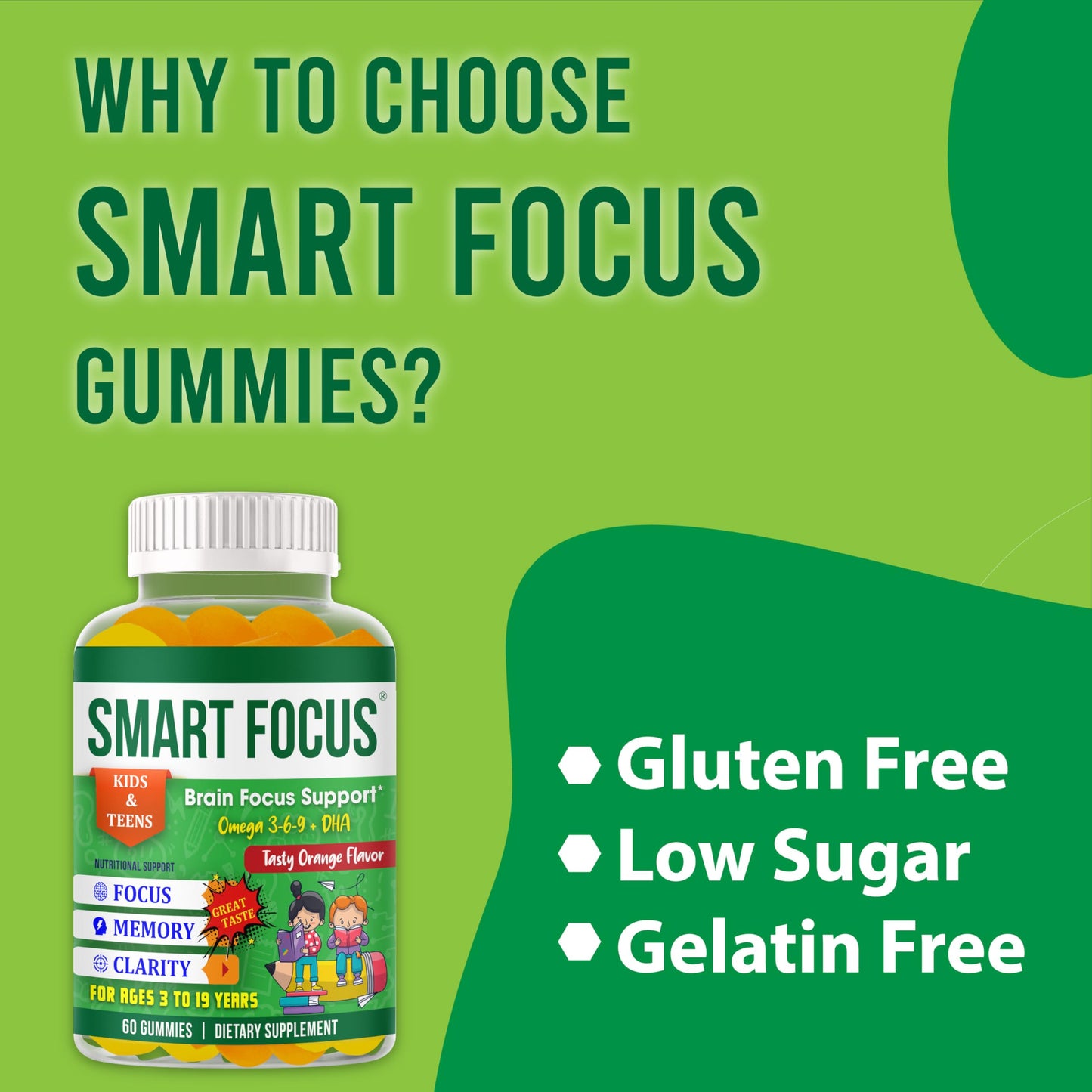 Generic Smart Focus Gummies for Kids & Teens Omega-3 DHA, 60 Gummies