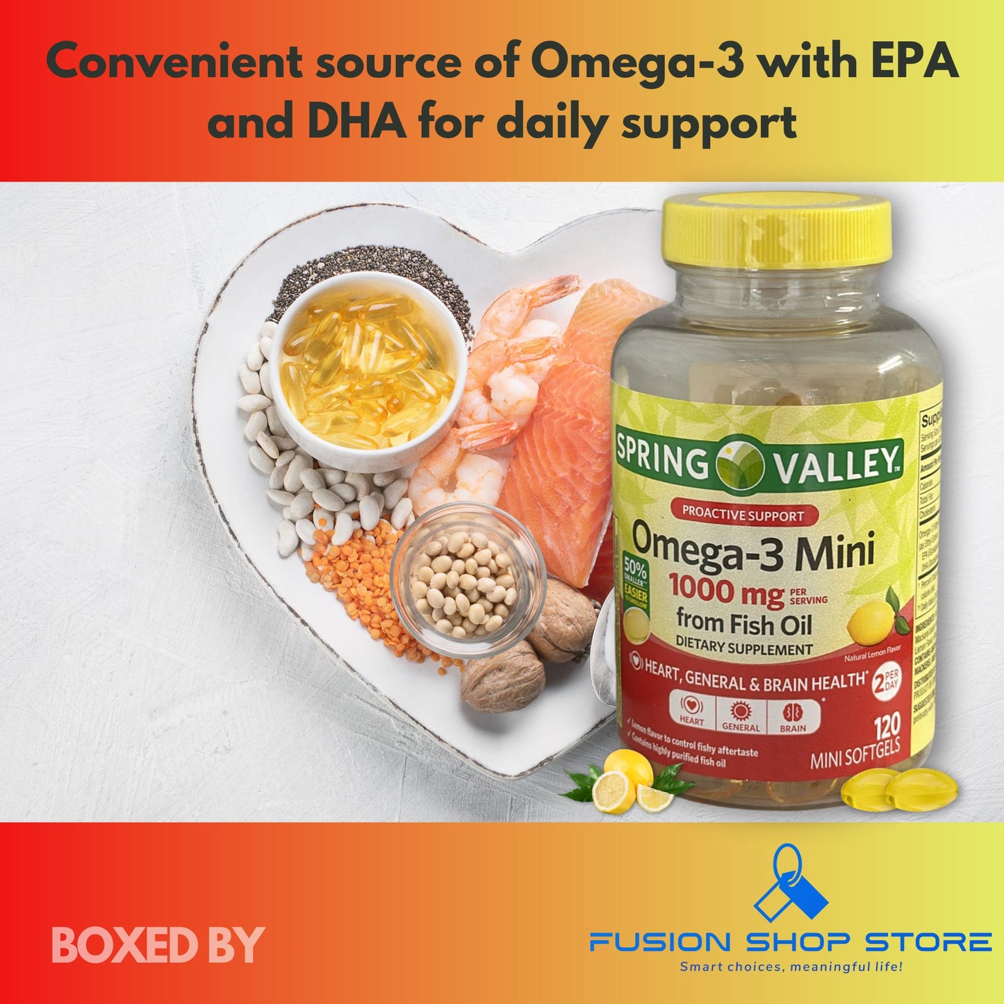 Fusion Shop Store Omega 3 Mini 1000mg Fish Oil Softgel, 120 Count