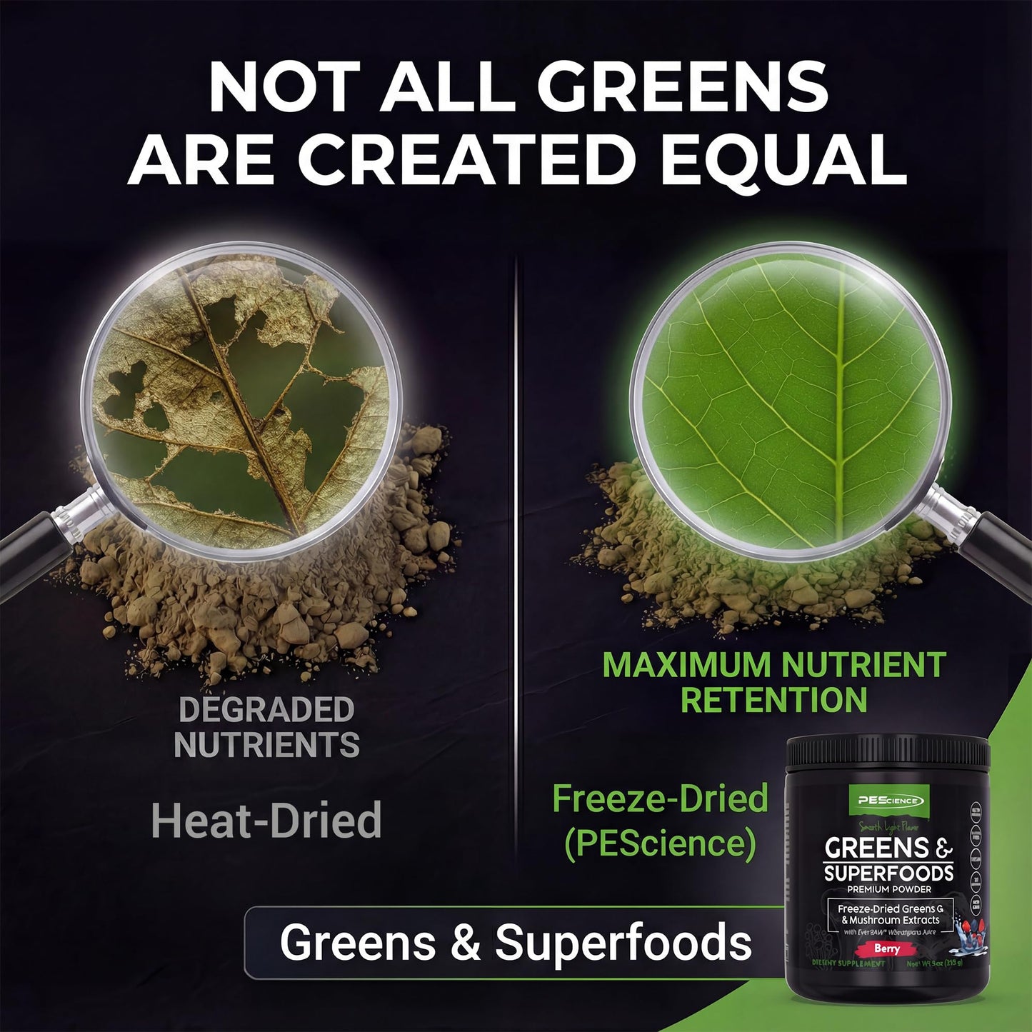 PEScience Greens Powder Superfood with Natural Chlorophyll, Reishi & Turkey Tail Mushroom Powders, Freeze-Dried Kale, Spinach, Broccoli Sprouts - Berry Flavor, 9 Ounce