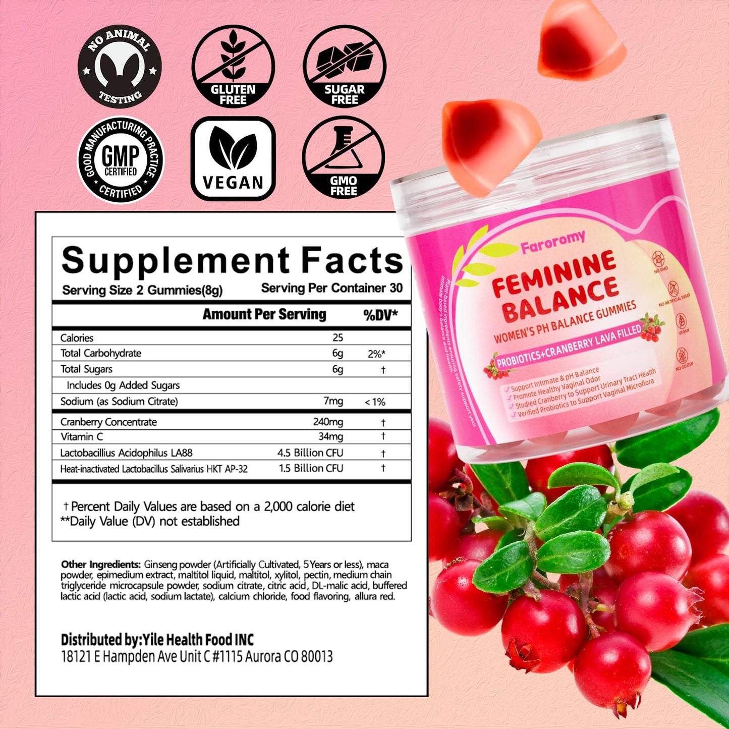Faroromy Feminine Balance Gummies for Women, Cranberry, 60 Gummies