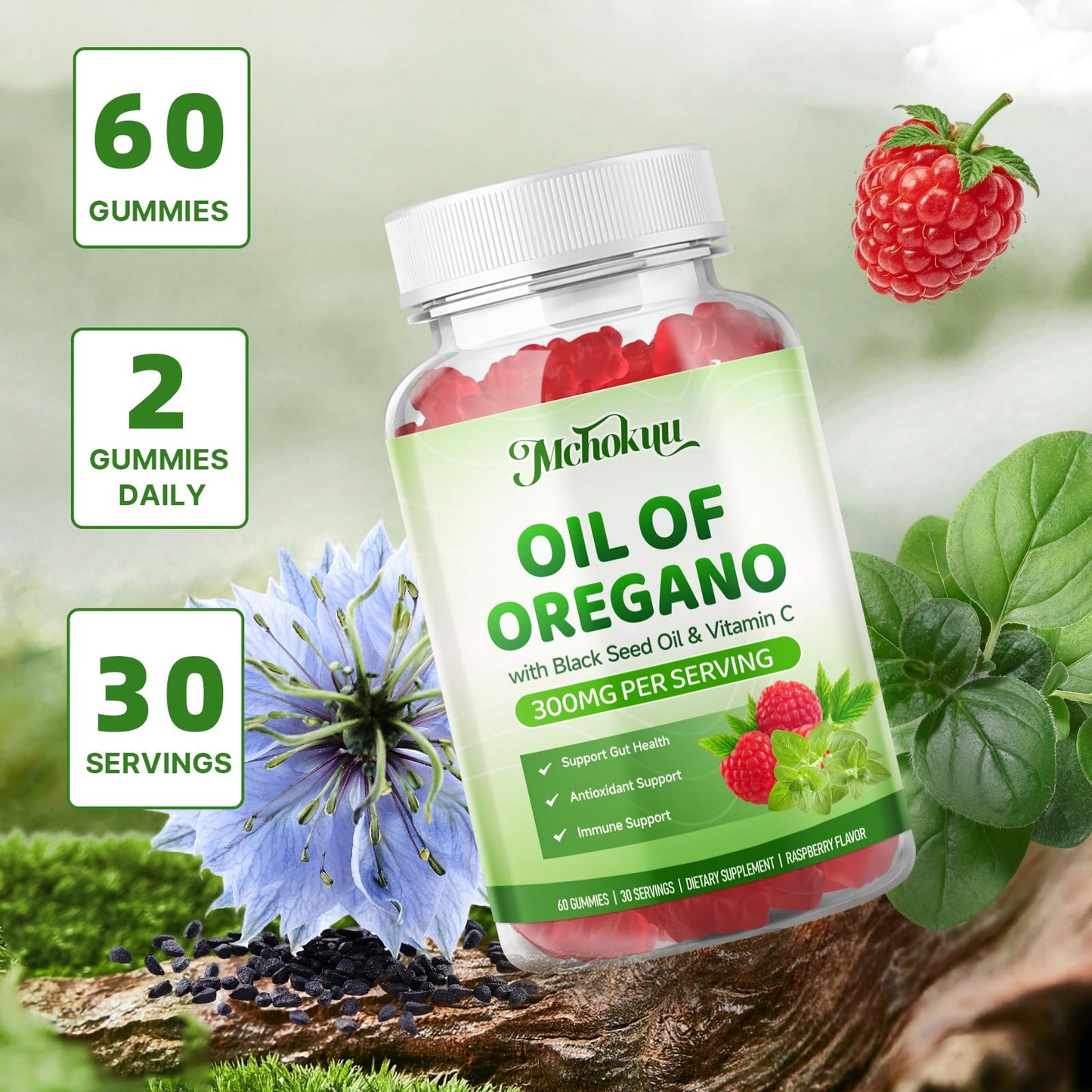 Mchokuu Oil of Oregano with Black Seed Oil Gummies, 60 Count
