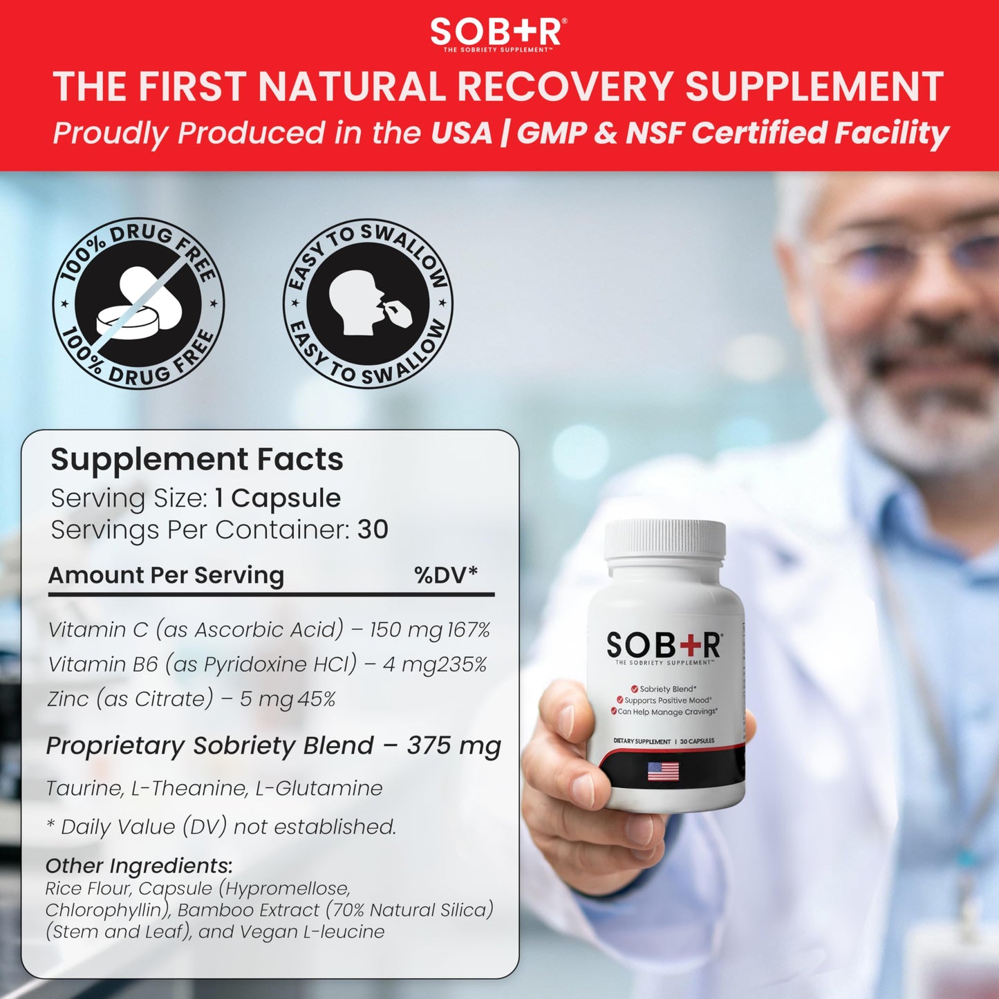 SOB+R Natural Drug Recovery Supplement Capsules 30 Count