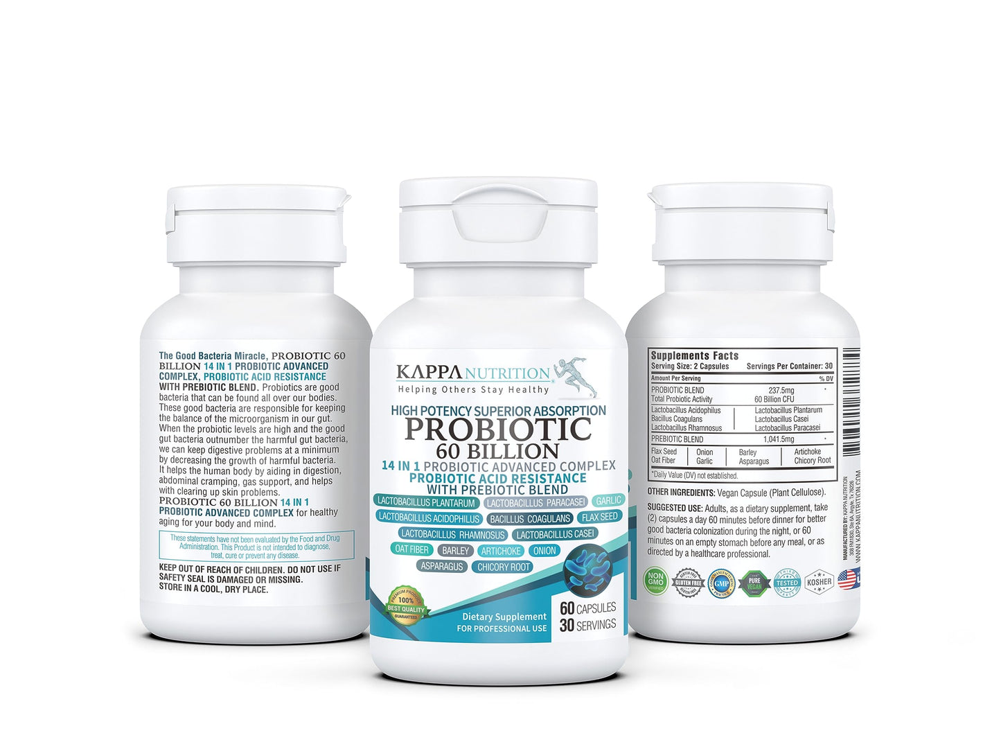 KAPPA NUTRITION Probiotic 60 Billion CFU 14-in-1 Formula with Prebiotics & Acidophilus, 60 Capsules