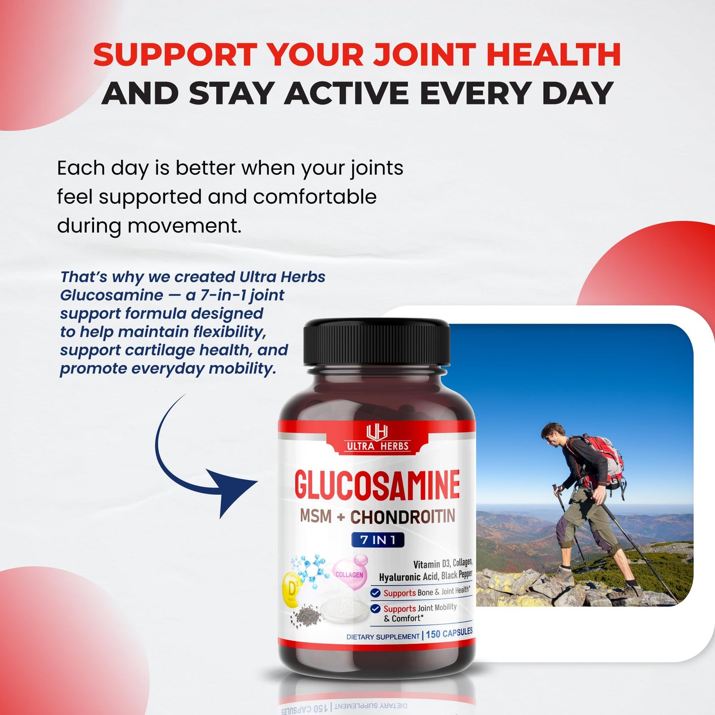 ULTRA HERBS Glucosamine Chondroitin MSM - Joint Mobility Support Supplement Enhanced with Collagen, Hyaluronic Acid, Vitamin D3, 150 Capsules