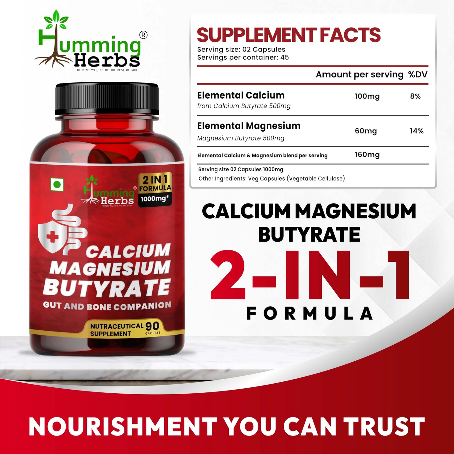 Humming Herbs Calcium Magnesium Butyrate Capsules, 90 Count