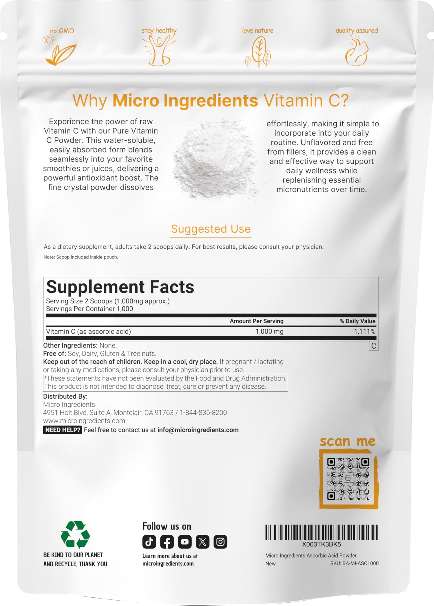 Micro Ingredients Pure Vitamin C Powder 35.2 Ounces