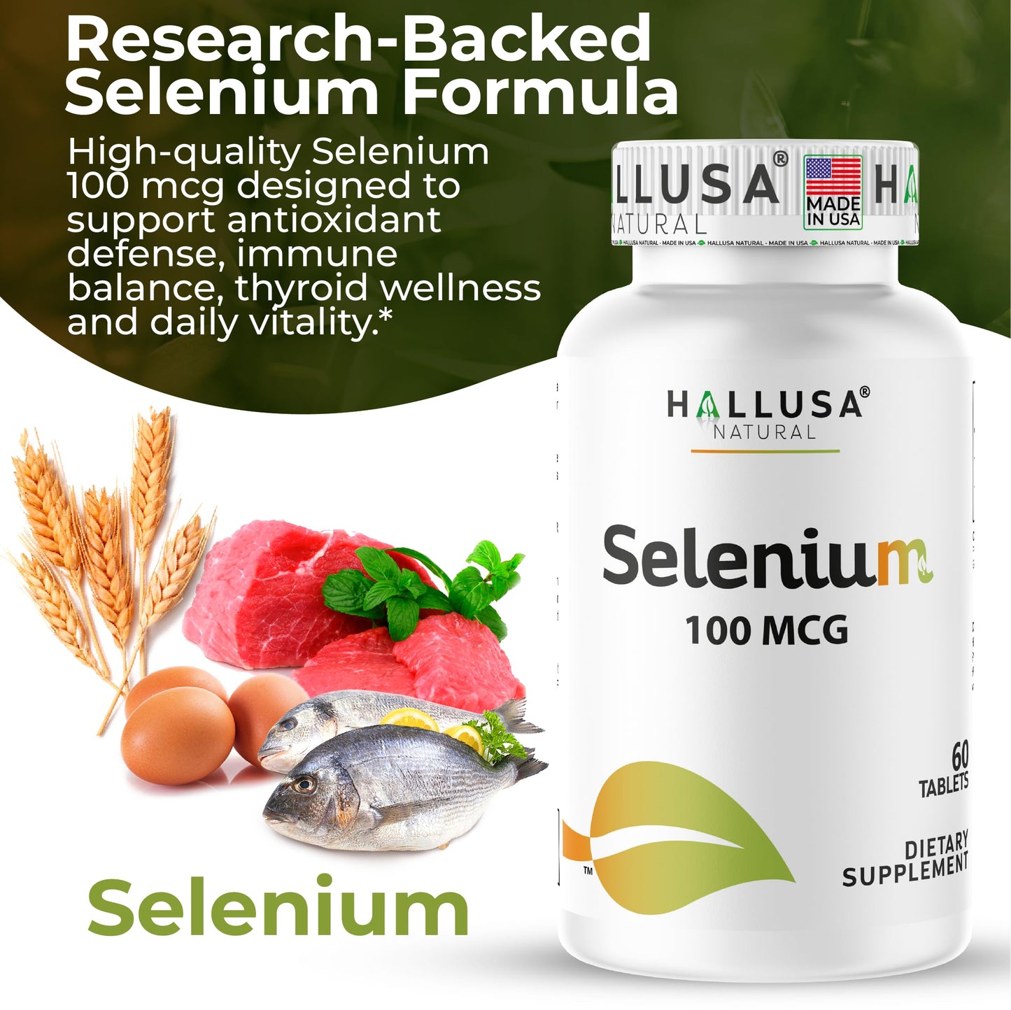 Hallusa Natural Selenium 100 mcg Tablets, 60 Count