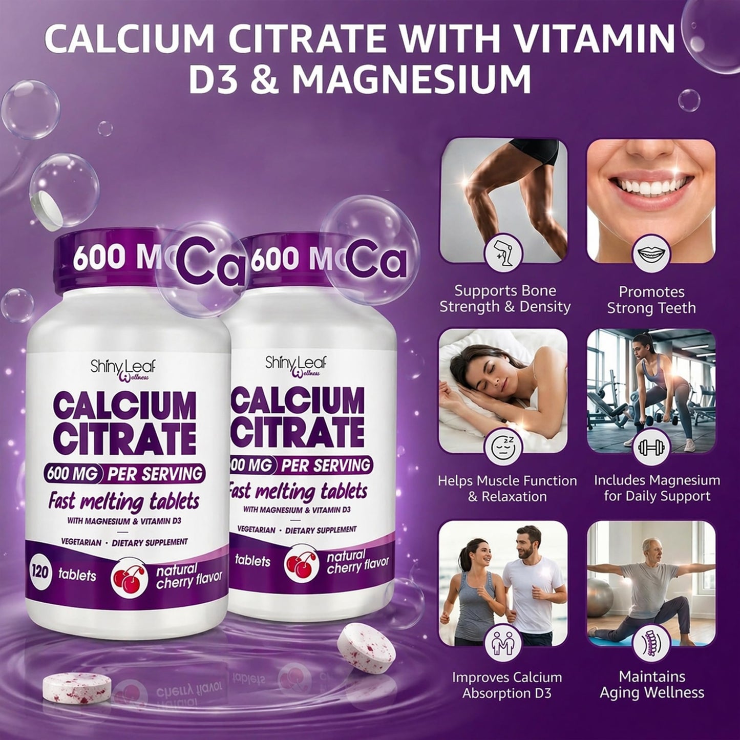 Shiny Leaf Calcium Citrate 600mg with Magnesium, Cherry Flavor, 240 Tablets