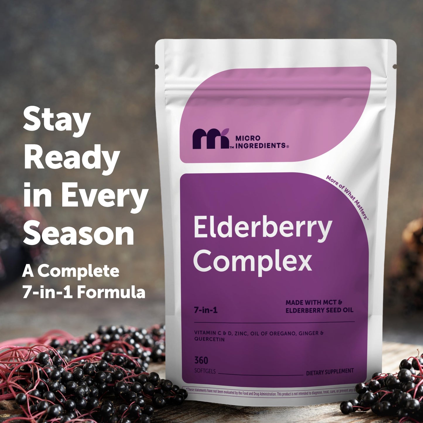 Micro Ingredients Elderberry Complex with Zinc & Vitamin C, 7-in-1 with D3, Oil of Oregano, Quercetin & Ginger, Made with MCT & Elderberry Seed Oil Softgels 360