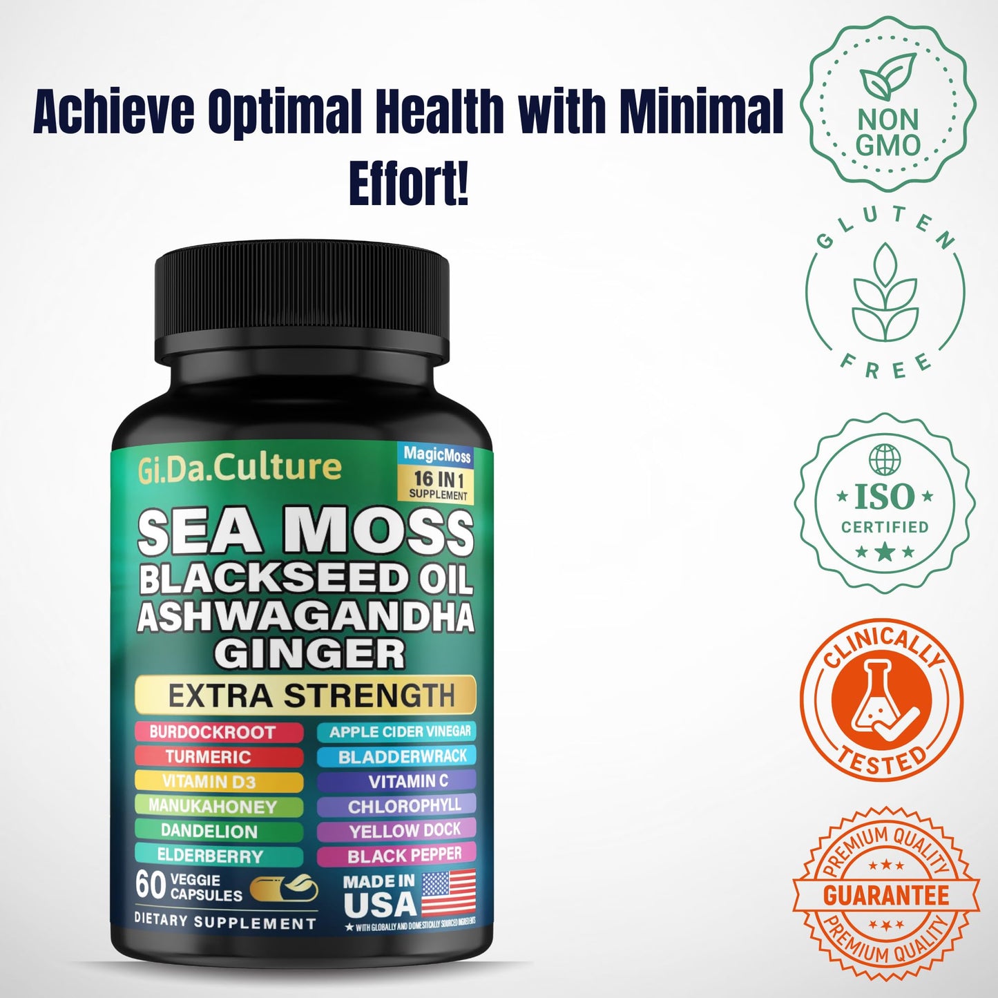 Gi.Da.Culture Organic Sea Moss Capsules - Organic Irish Sea Moss Black Seed Oil Ashwagandha Ginger Burdock Root Bladderwrack Turmeric Black Pepper Vitamin C, D3, 60 Veggie Capsules