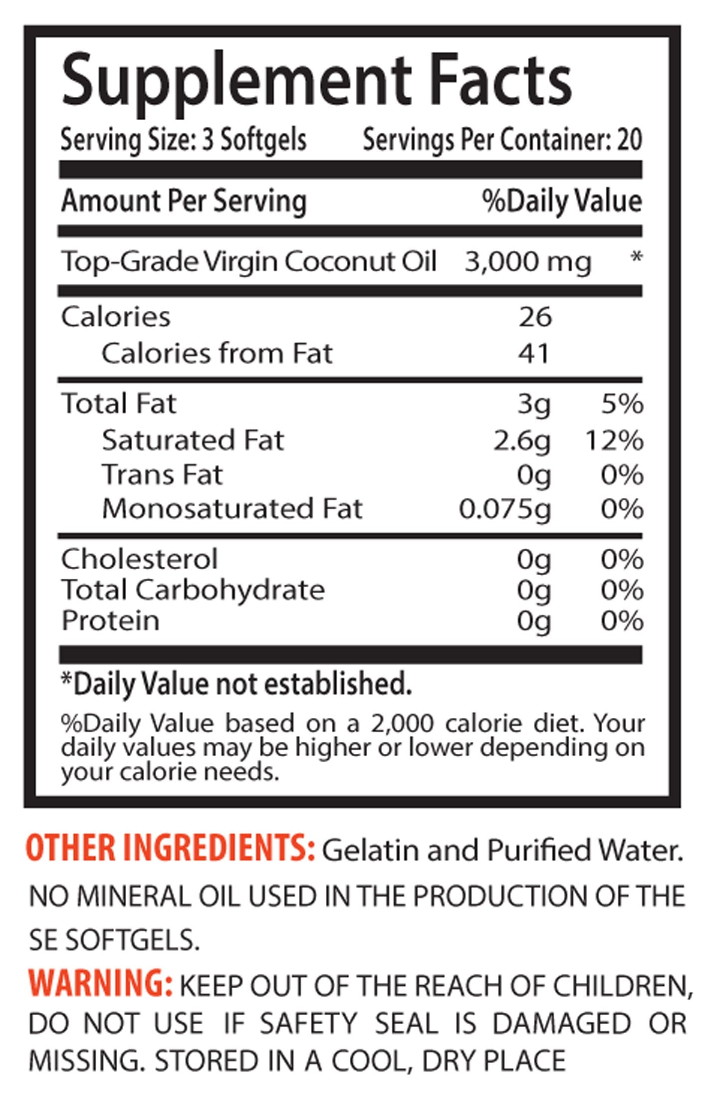 Sport Supplement Coconut Oil Fractionated Extra Virgin Coconut Oil 3000mg Brain and Memory Herbal Support Softgels, 120 Count