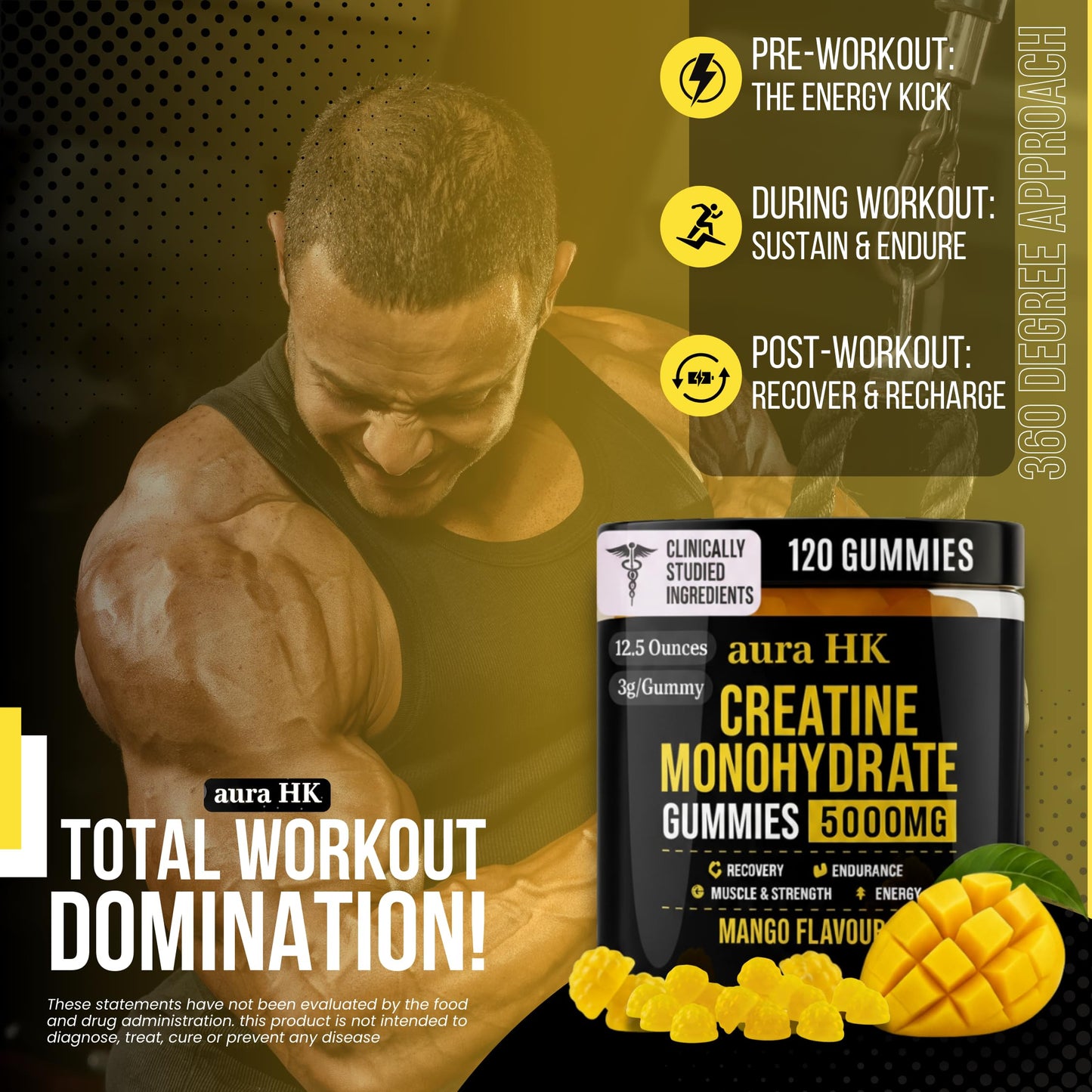 aura HK Sugar Free Creatine Monohydrate Gummies, Mango Flavor, 5g per serving, Vegan, 120 Gummies