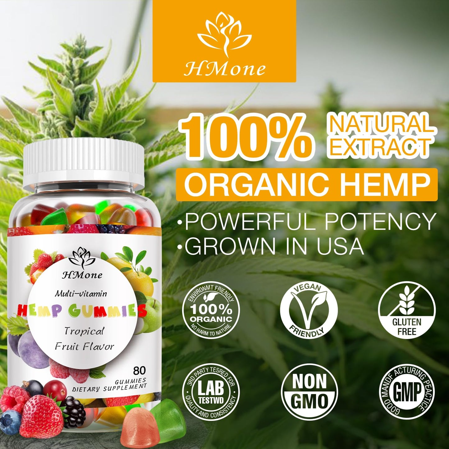 HMone Hemp Gummies Advanced for Pain, Sleep, Anxiety, High Potency Pure Organic Hemp Oil Extract, 100% Natural, Vegan Non-GMO, 240 Gummies
