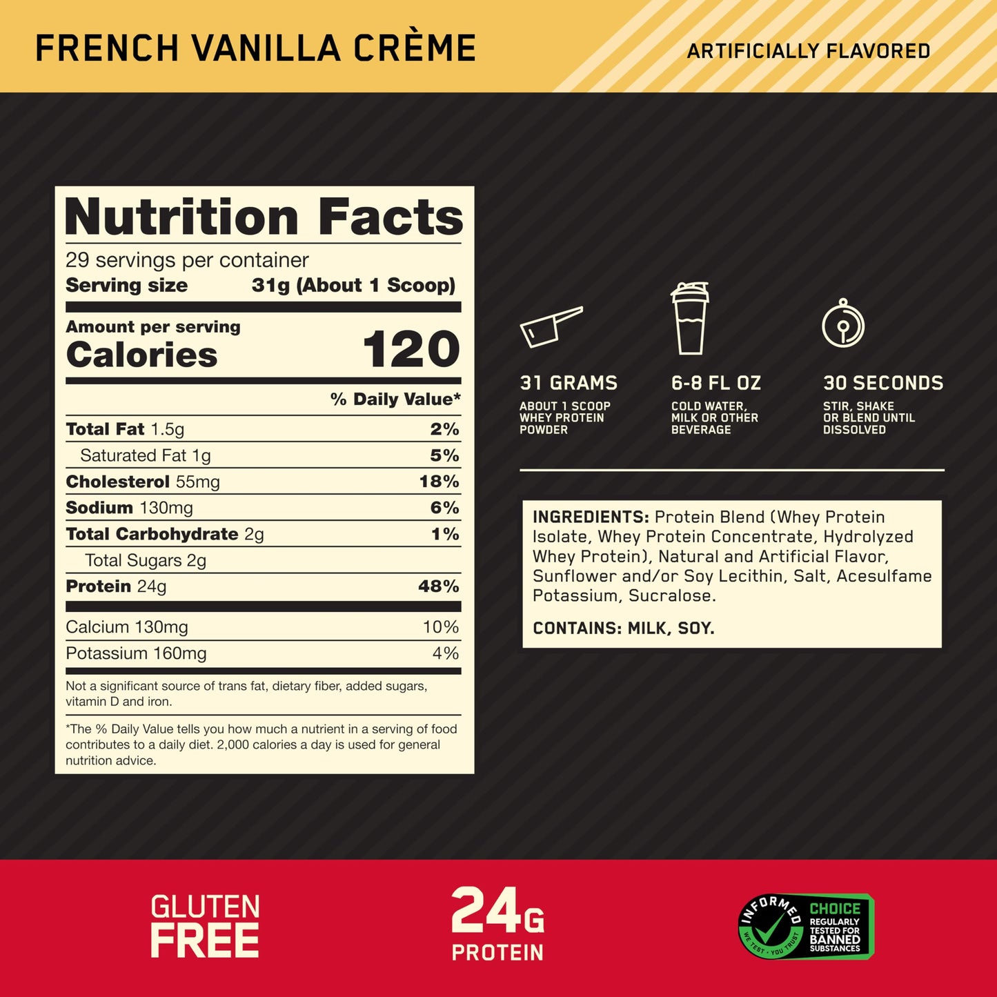 Optimum Nutrition Gold Standard 100% Whey Protein Powder, French Vanilla Creme, 32 oz