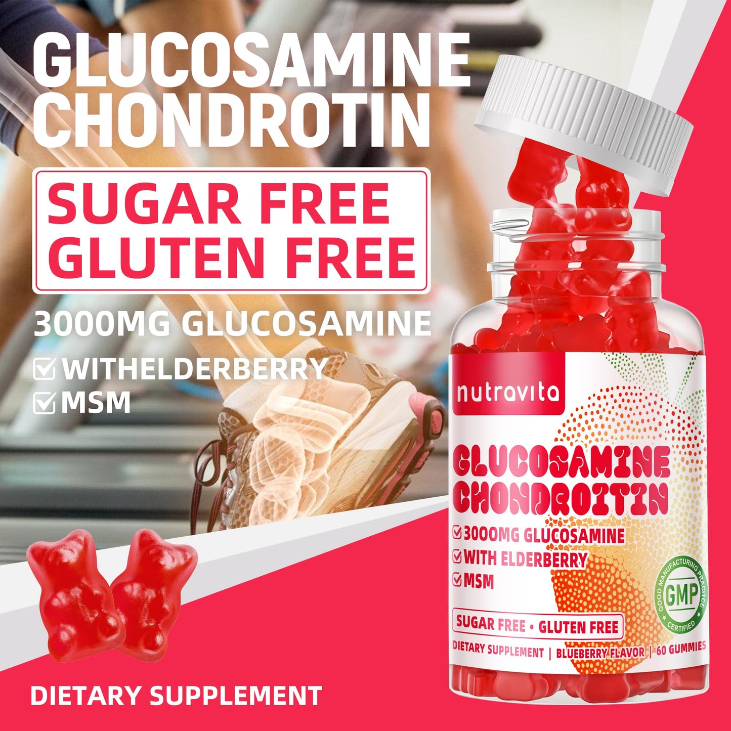 Nutravita Glucosamine Chondroitin Gummies with MSM & Elderberry Extra Strength - Joint Support and Immune Support, 120 Strawberry Chews