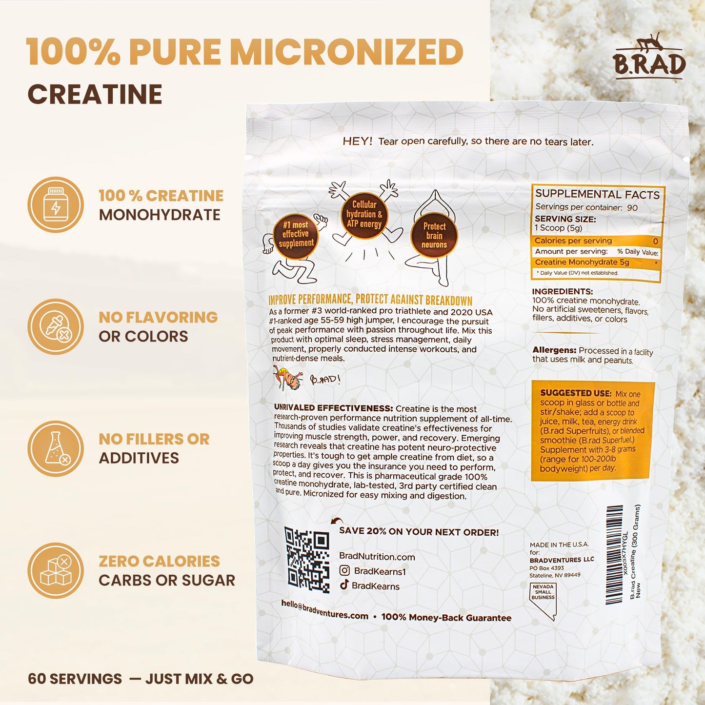 B.rad 100% Pure Micronized Creatine Monohydrate Powder, 1 Ounce