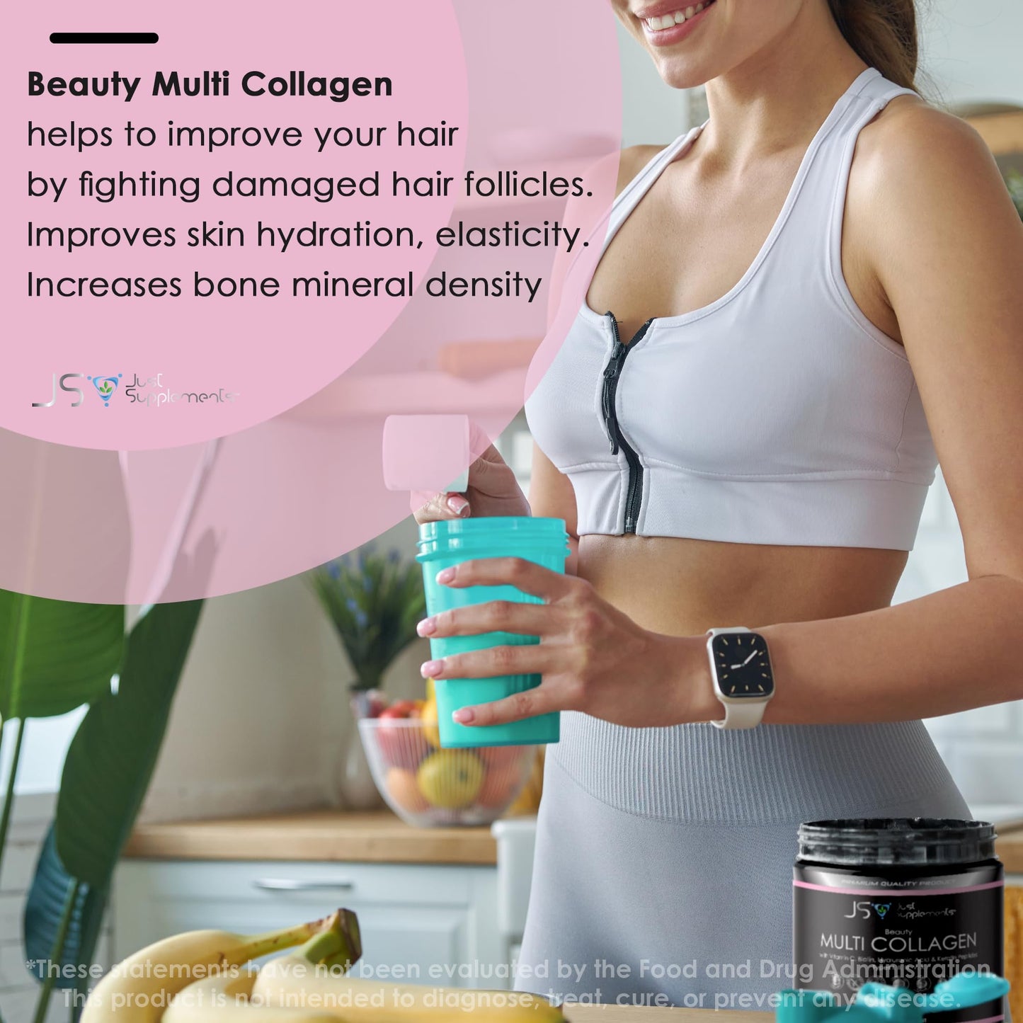 JS JUST SUPPLEMENTS Beauty Multi Collagen with Vitamin C, Biotin, Hyaluronic Acid & Keratin Peptides, Type I, II, III, V, X Powder, 8.4 oz