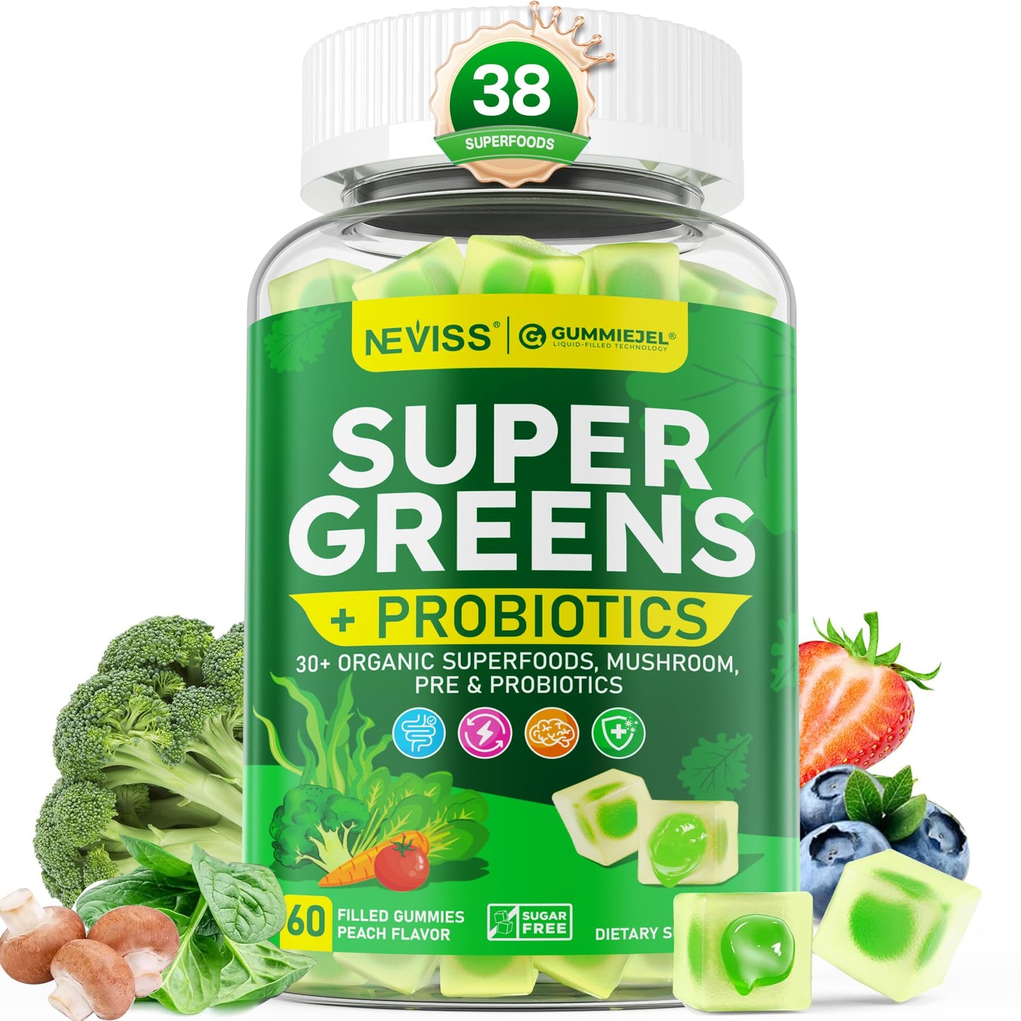NEVISS Organic Super Greens Daily Superfood Gummies + Probiotics, Spirulina, Chlorella, Spinach, Broccoli, Prebiotic Fiber, Mushroom - Rich in Vitamins - Adults & Teens Digestive, Focus, Energy, No Sugar, 60 Gummies