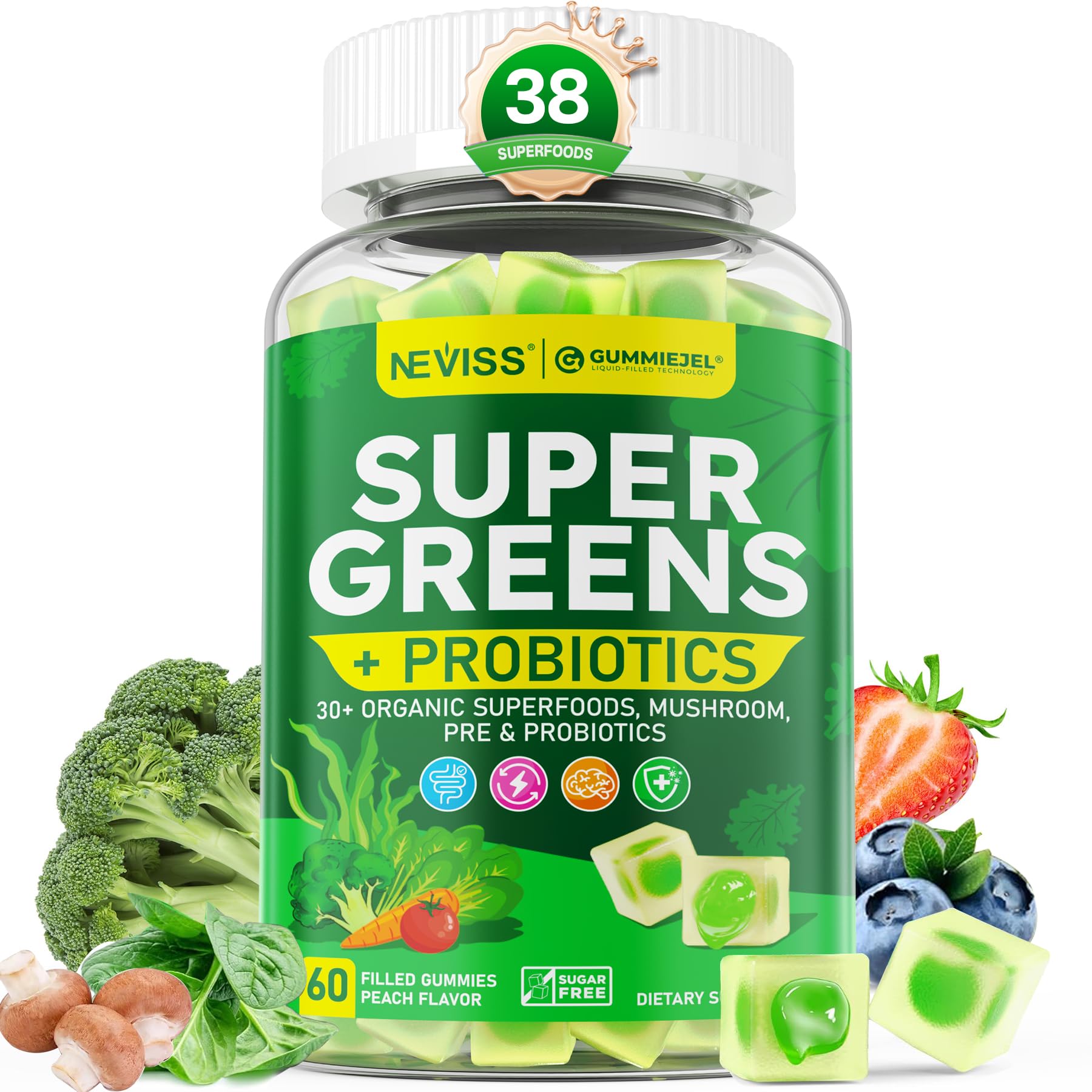 NEVISS Organic Super Greens Daily Superfood Gummies + Probiotics, Spirulina, Chlorella, Spinach, Broccoli, Prebiotic Fiber, Mushroom - Rich in Vitamins - Adults & Teens Digestive, Focus, Energy, No Sugar, 60 Gummies