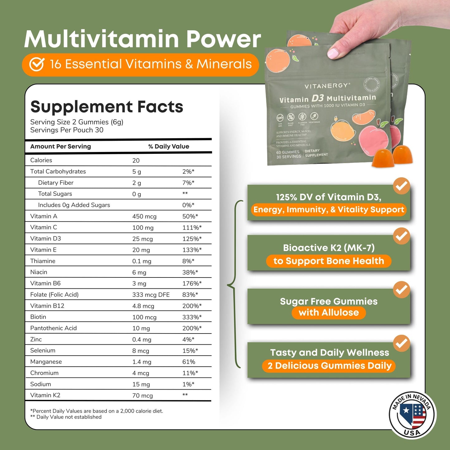 Vitanergy Multivitamin Women Gummies with Vitamin D3 K2, 60 Gummies