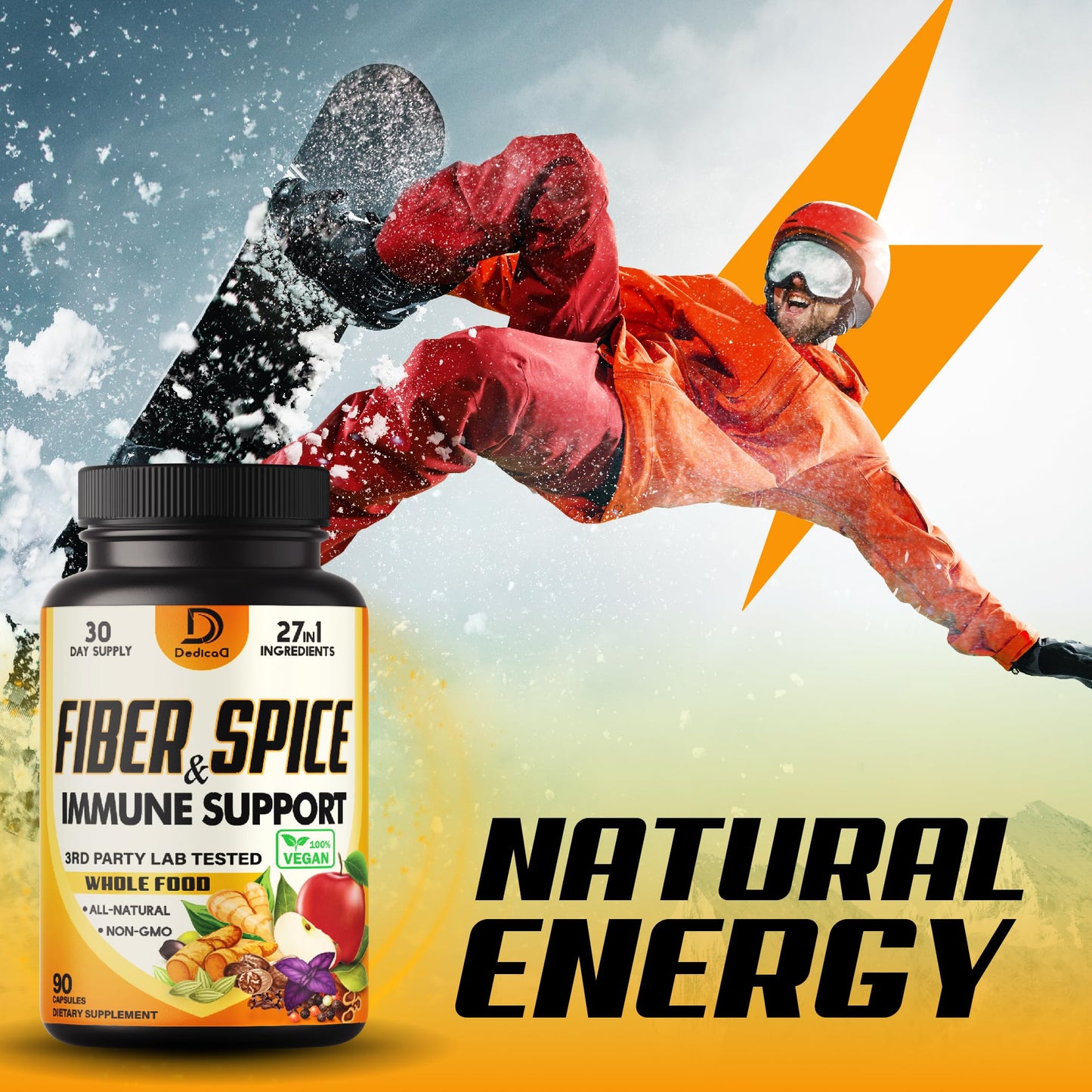 DEDICAD 27in1 Fiber and Spice Supplement with Organic Psyllium, Whole Apple, Elderberry & More Capsule, 90 Capsules