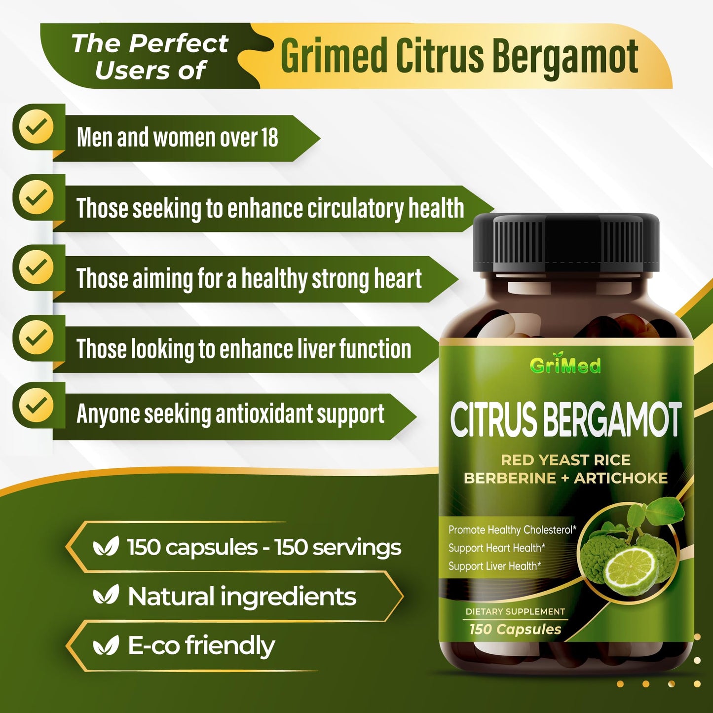 GriMed Citrus Bergamot with Red Yeast Rice, Garlic, Artichoke for Healthy Cholesterol, Heart Health Capsules, Powder 180 Count