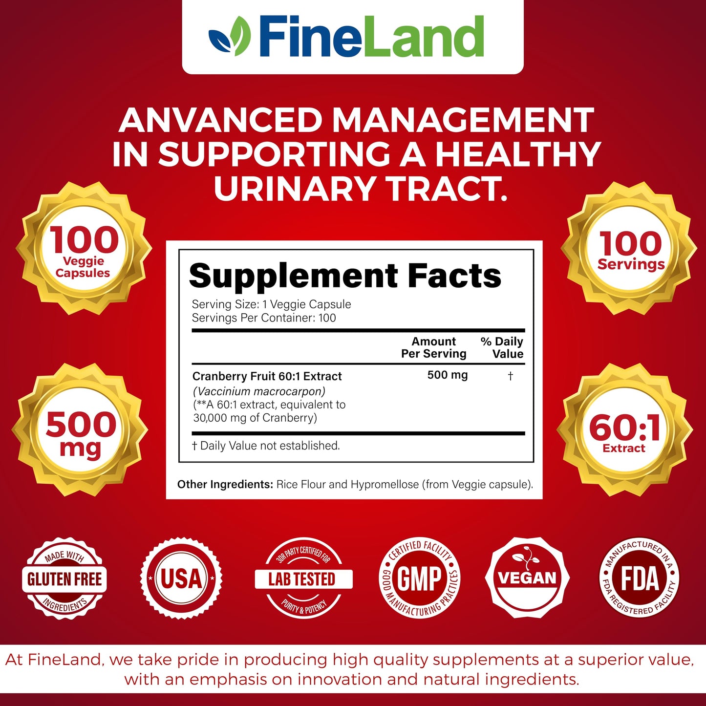 FineLand Cranberry Extract 60:1 Capsule, 100 Capsules