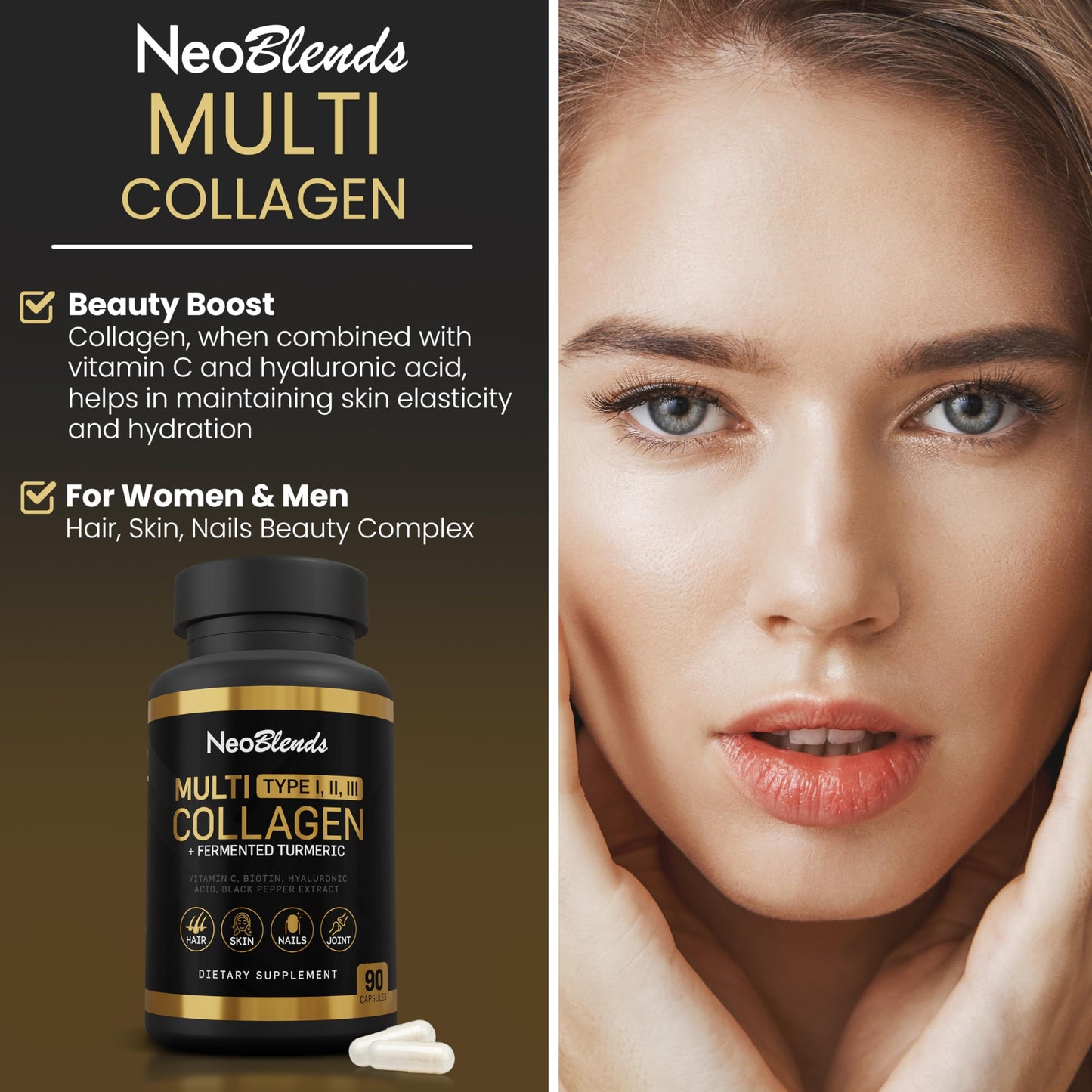 NEOBLENDS Multi Collagen + Fermented Turmeric – Hydrolyzed Collagen Types I, II & III with Biotin, Hyaluronic Acid & Vitamin C – Skin, Hair, Nail & Joint Support – 90 Capsules