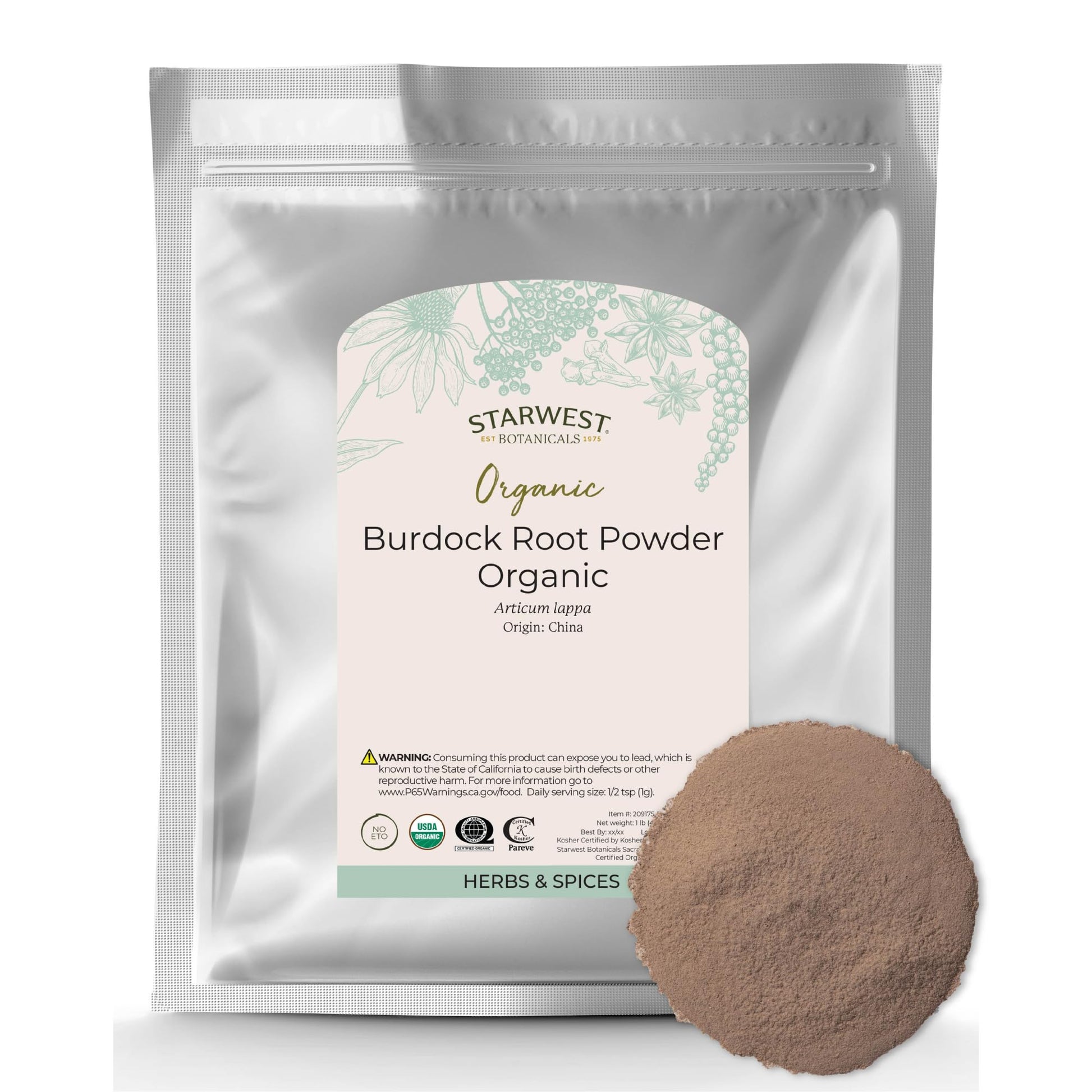 Starwest Botanicals Burdock Root Powder Organic, 16 oz