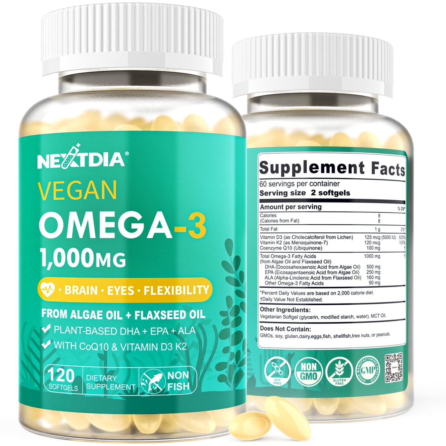 Nextdia Vegan Omega 3 D3 K2 CoQ10 Supplement Softgel 240