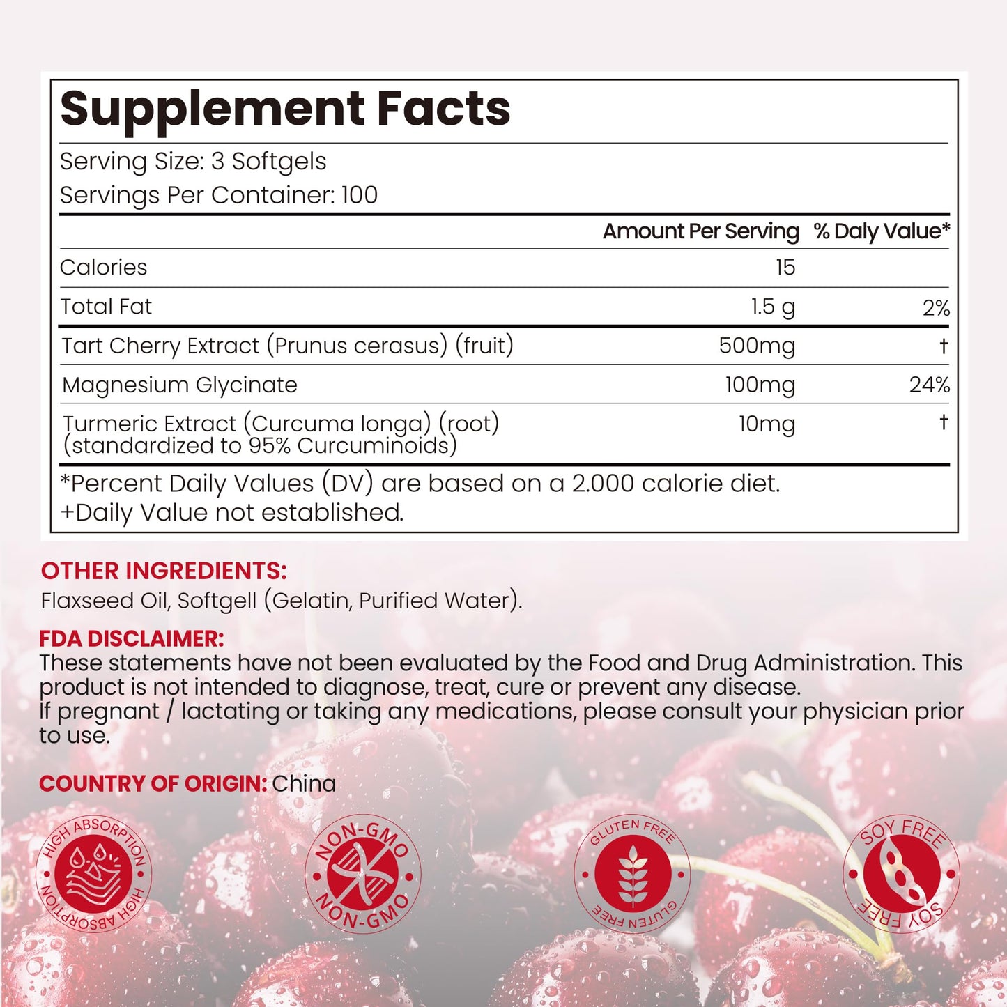 VerdiGusto Tart Cherry Softgel 500mg Cherry Extract Supplement, 300 Count
