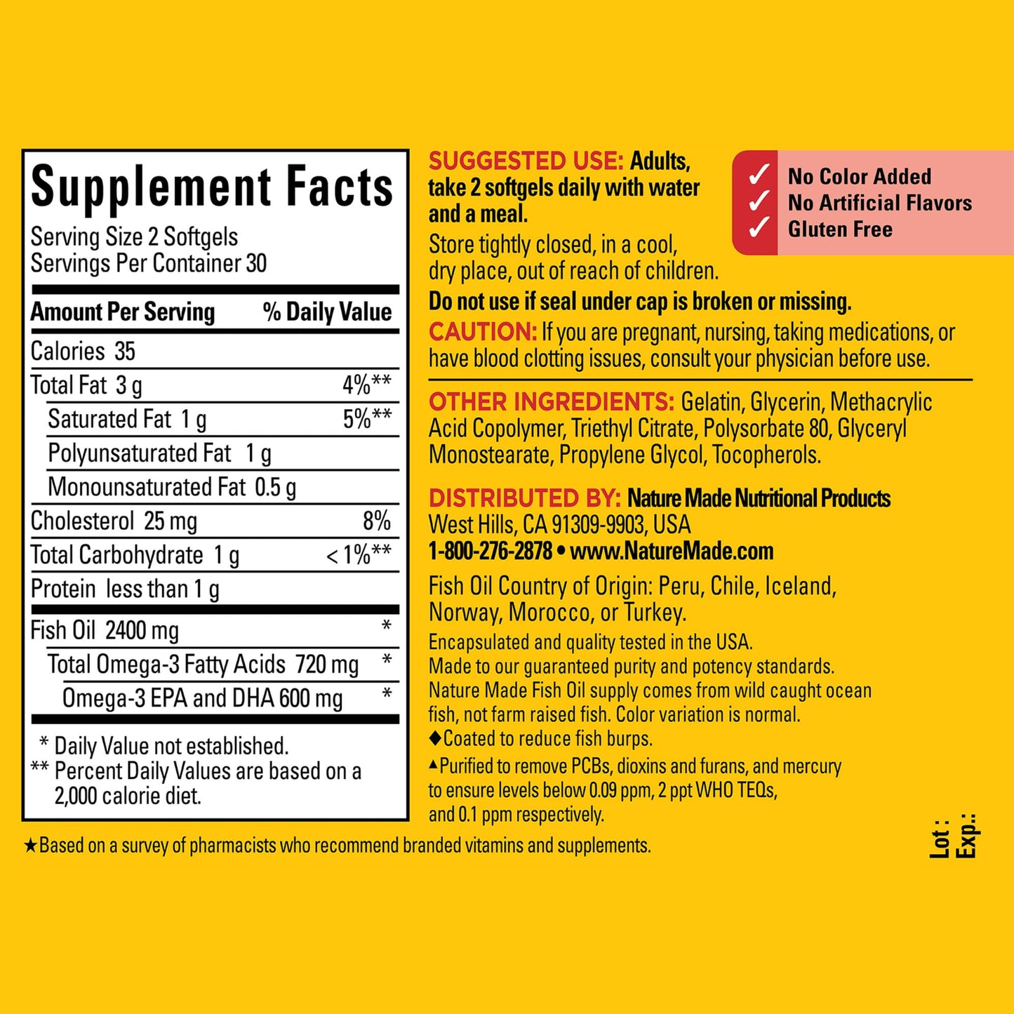 Nature Made Burp Less Fish Oil Omega-3 Supplements Softgels, 60 Count