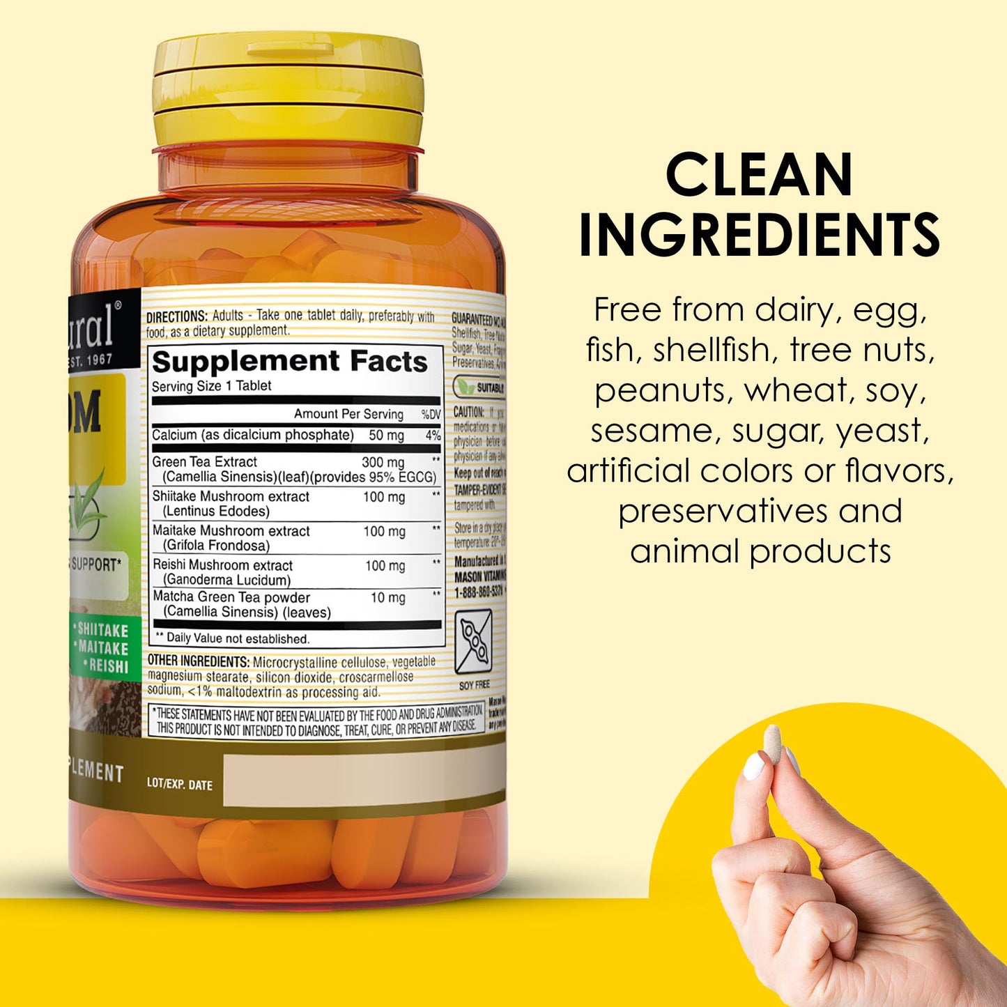 Mason Natural Mushroom Power with 95% EGCG and Matcha, Plant-Based Formula with Shiitake, Maitake, Reishi, 60 Tablets