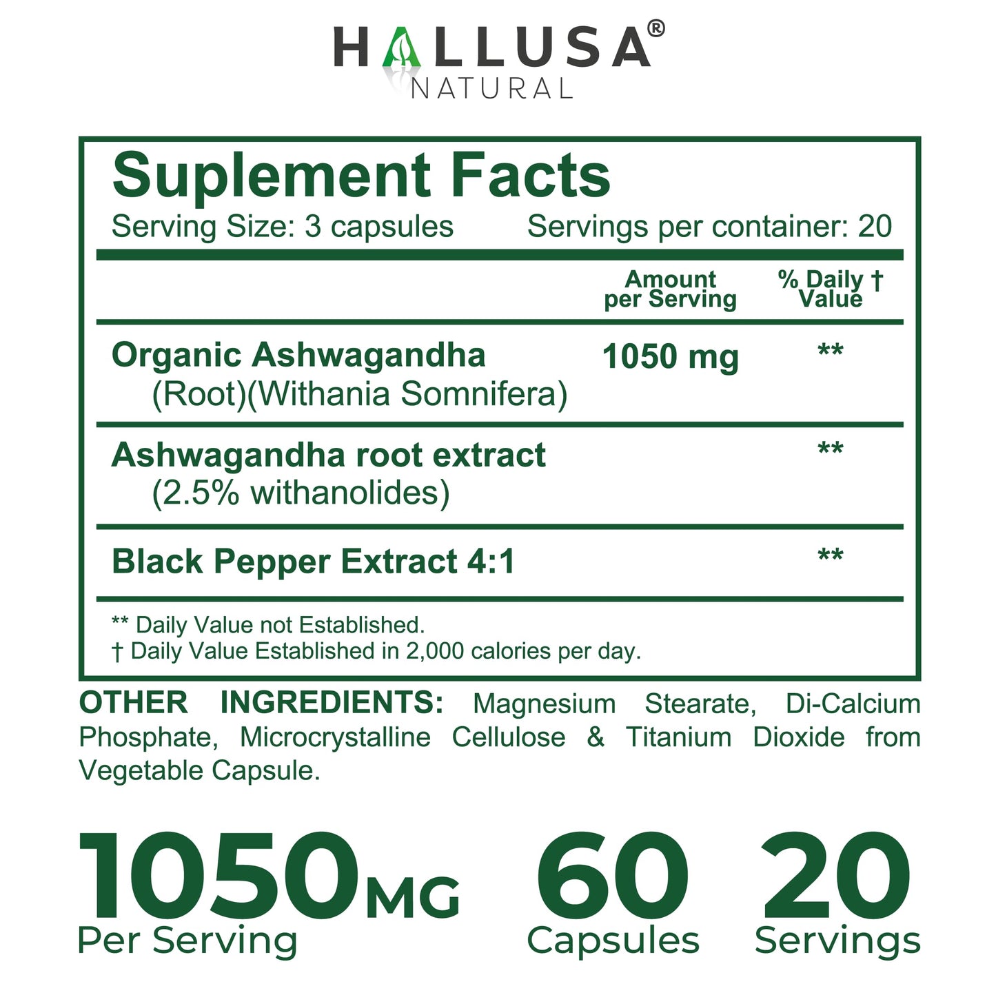 Hallusa Natural Organic Ashwagandha with Black Pepper 1050 mg, 60 Capsules
