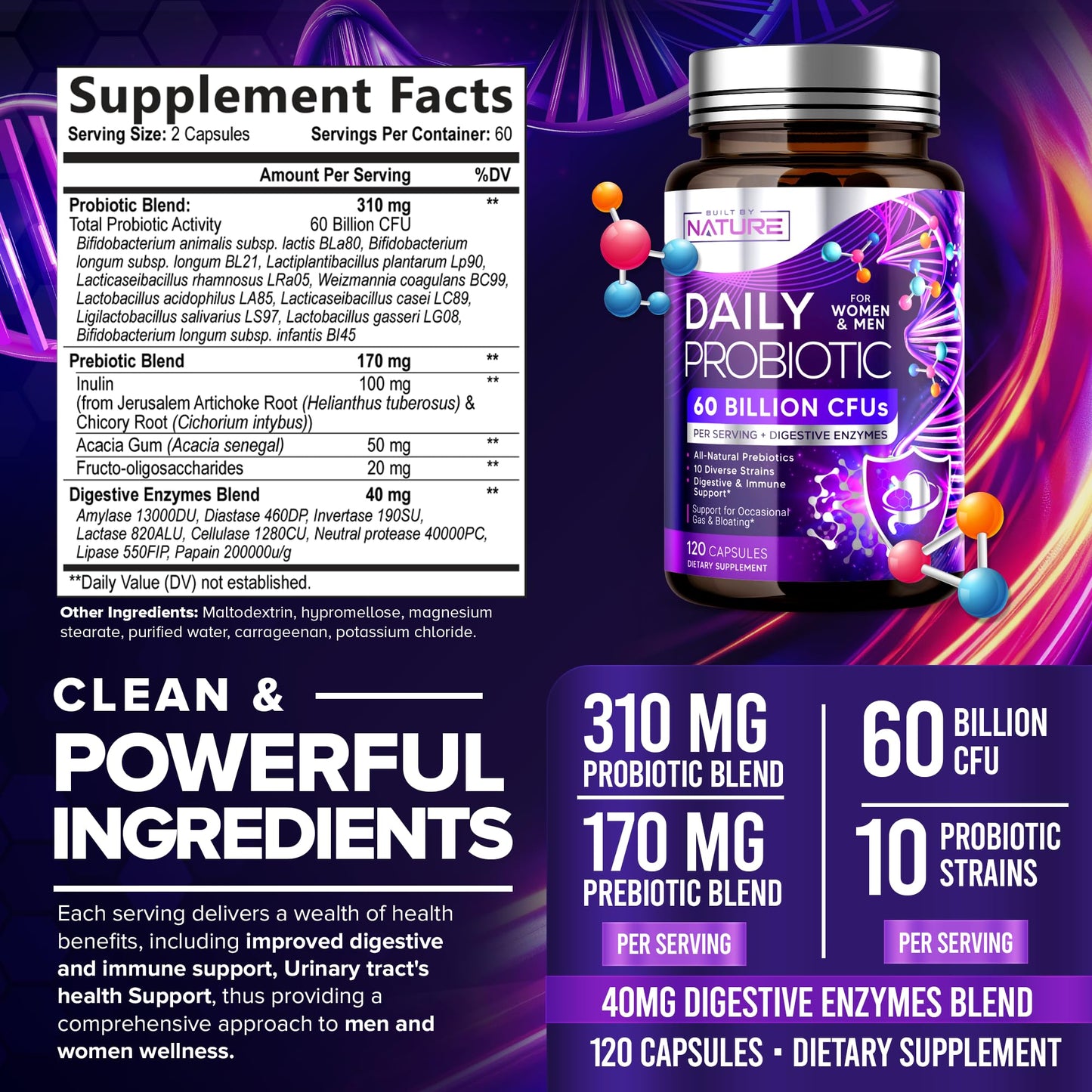 Built by Nature Probiotic for Women & Men – 60 Billion CFU, 10 Strains + Prebiotics & Digestive Enzymes – Supports Digestive, Immune, Reduce Gas & Bloating – Shelf Stable, Non-GMO, 120 Capsules