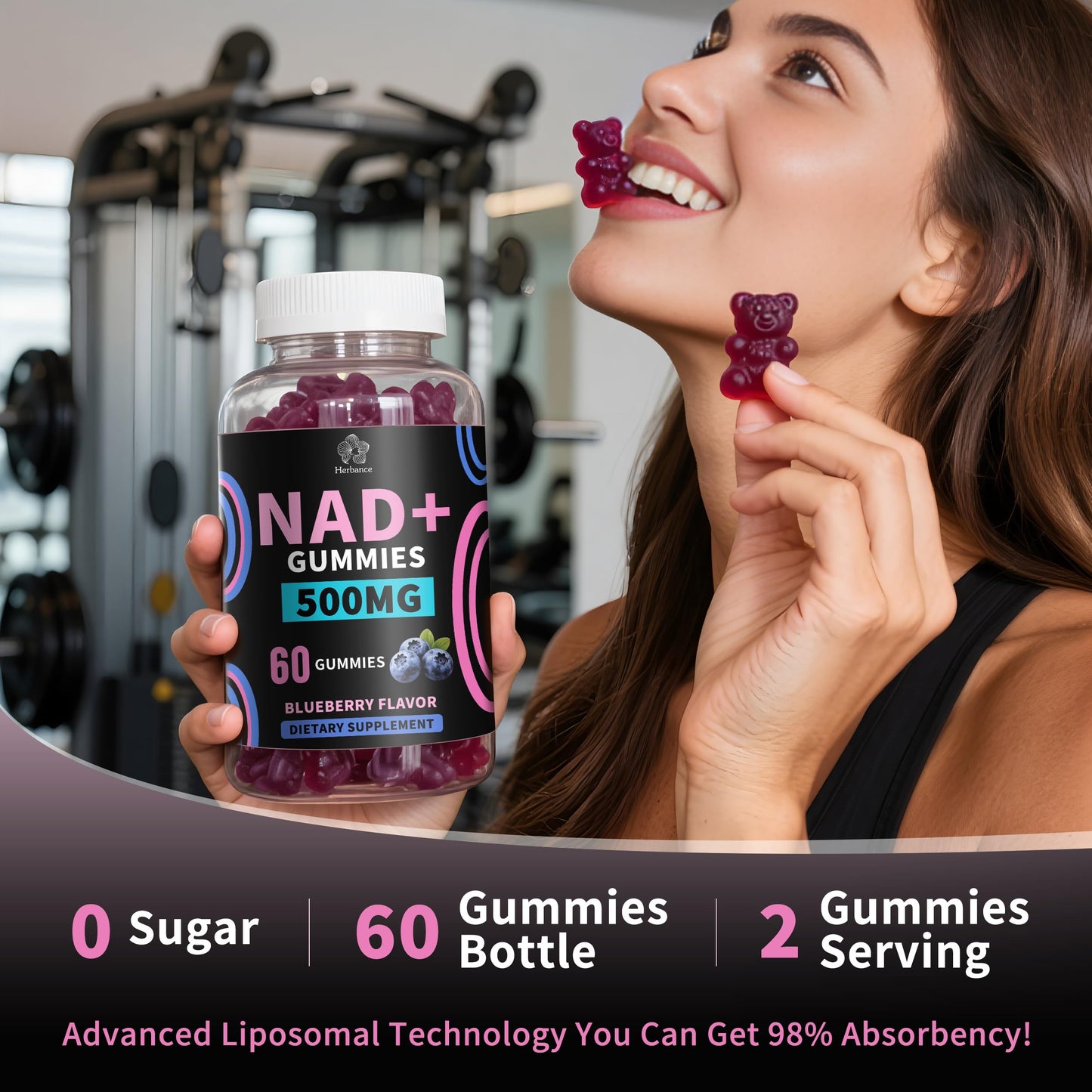 Herbance NAD+ Gummies, Liposomal NAD Plus Supplement, 500mg NAD+, 60 Gummies