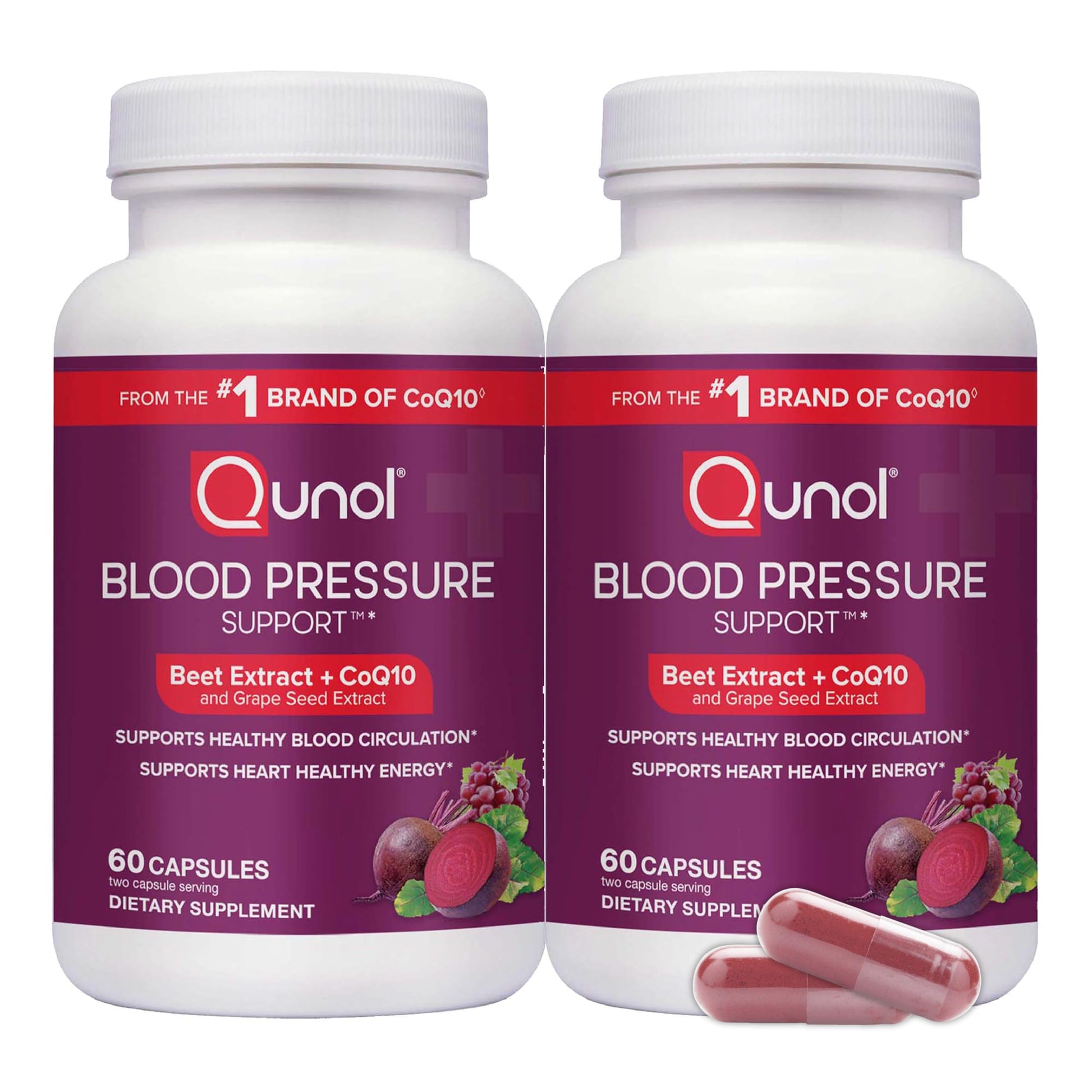 Qunol 3-in-1 Beet Roots Capsules with CoQ10, Blood Pressure Support, 120 Capsules