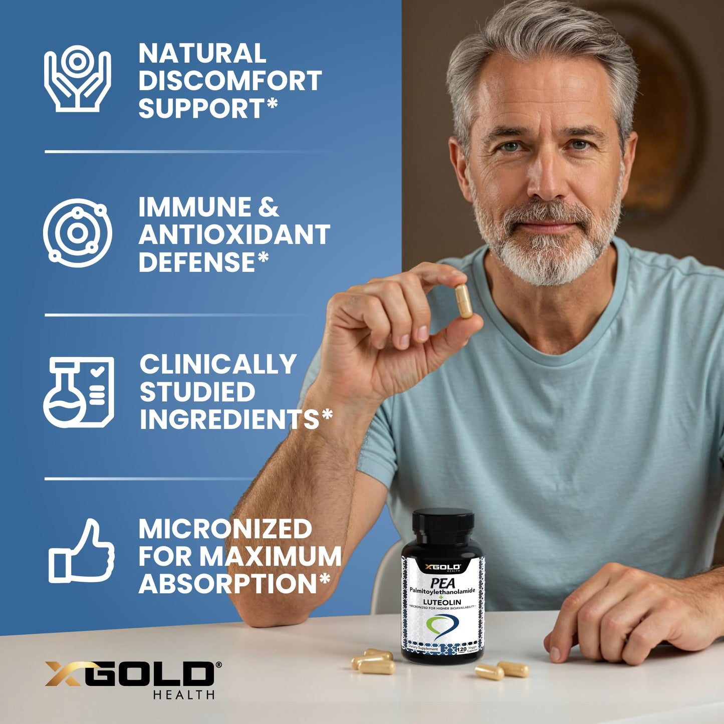 X Gold Health Palmitoylethanolamide (Pea) 630 mg + Luteolin Capsule, 120 Count